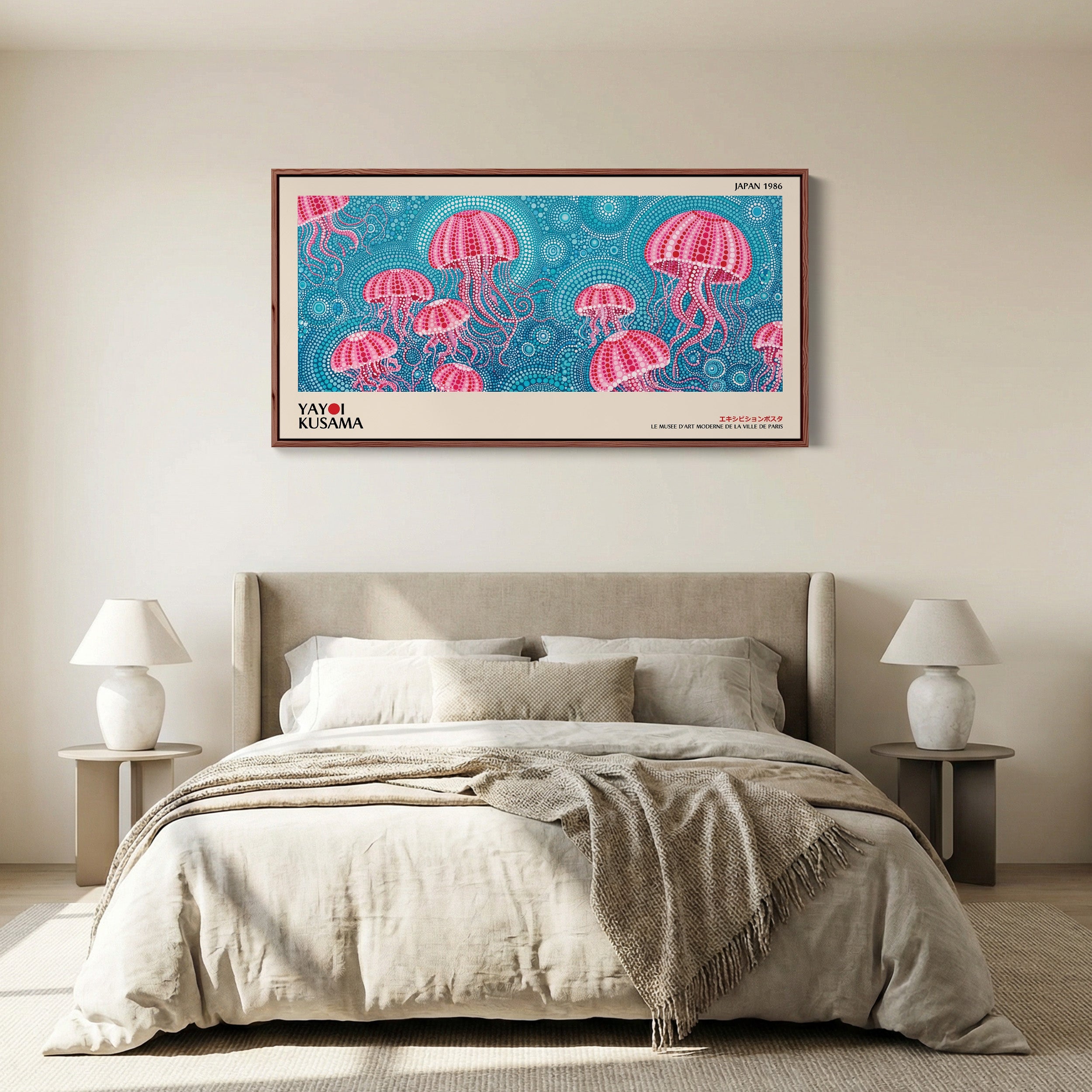Yayoi Kusama Long Wall Art Pink Jellyfish Pattern Horizontal Canvas Print For Bedroom