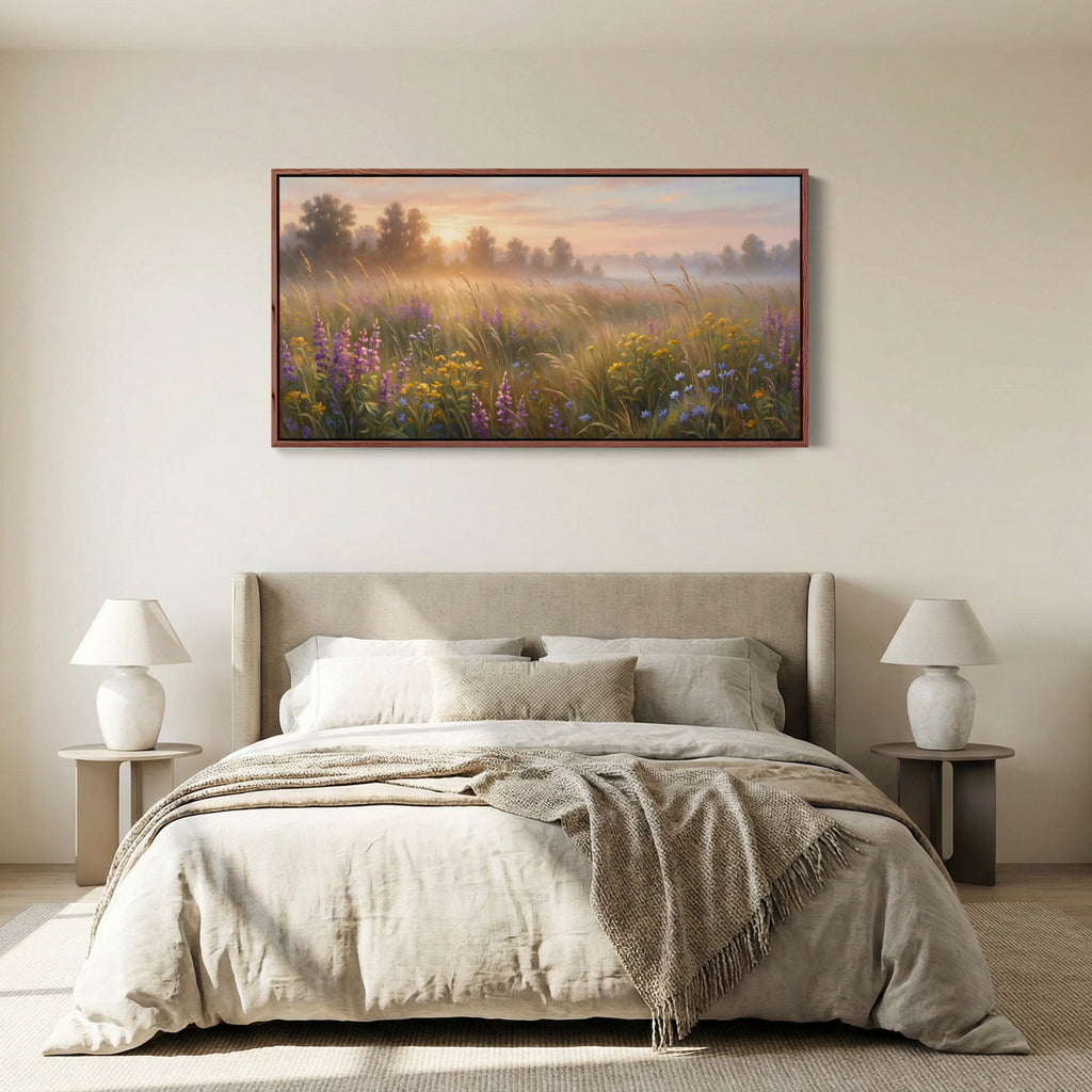 Sunrise Wildflower Field Horizontal Wall Art Panoramic Canvas Print For Bedroom