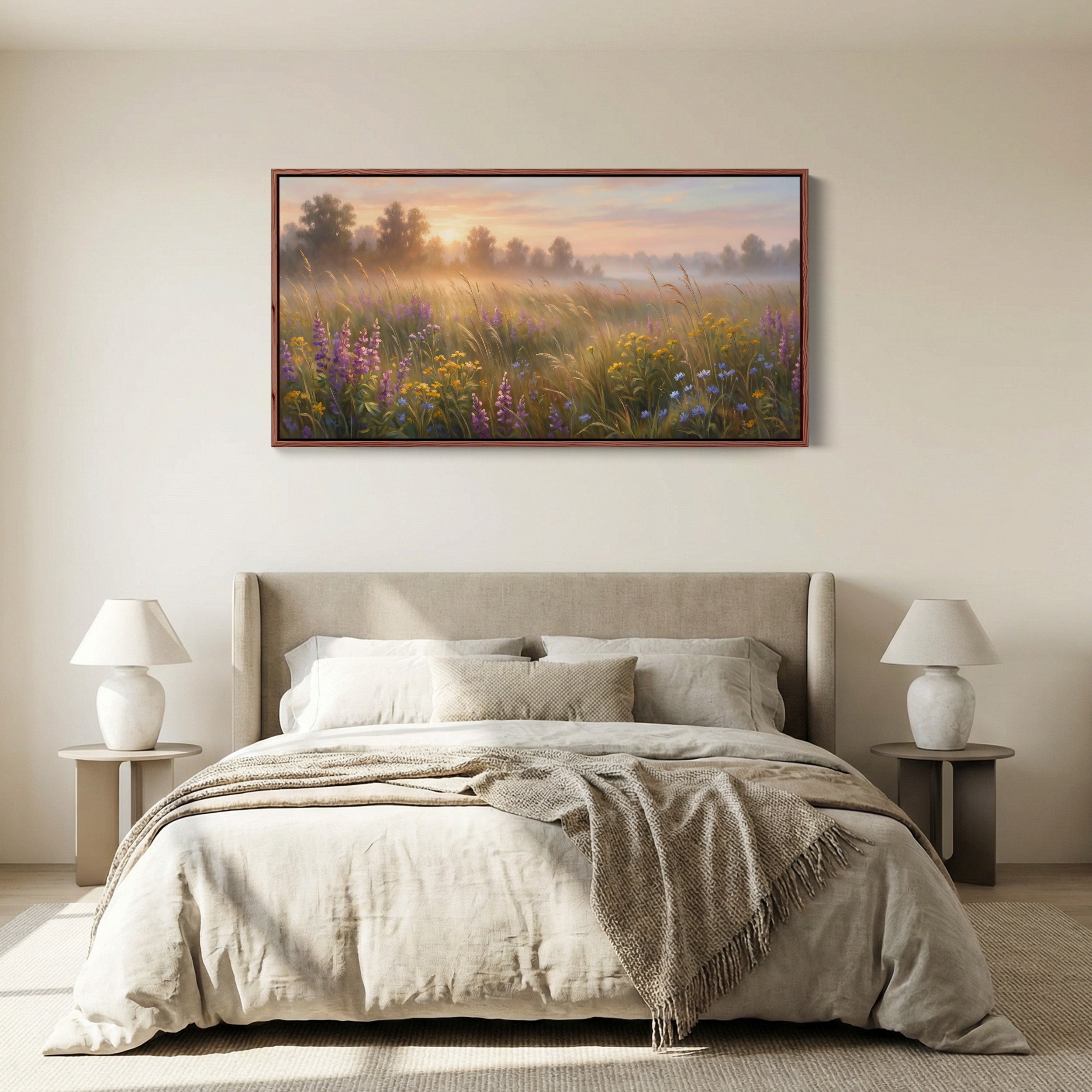 Sunrise Wildflower Field Horizontal Wall Art Panoramic Canvas Print For Bedroom