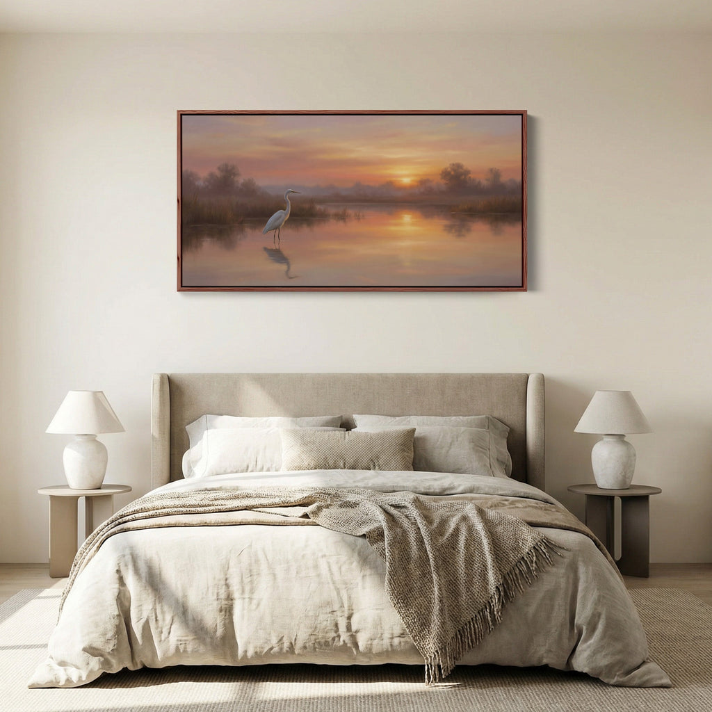 White Heron At Sunrise Horizontal Wall Art Oversized Wall Decor For Office