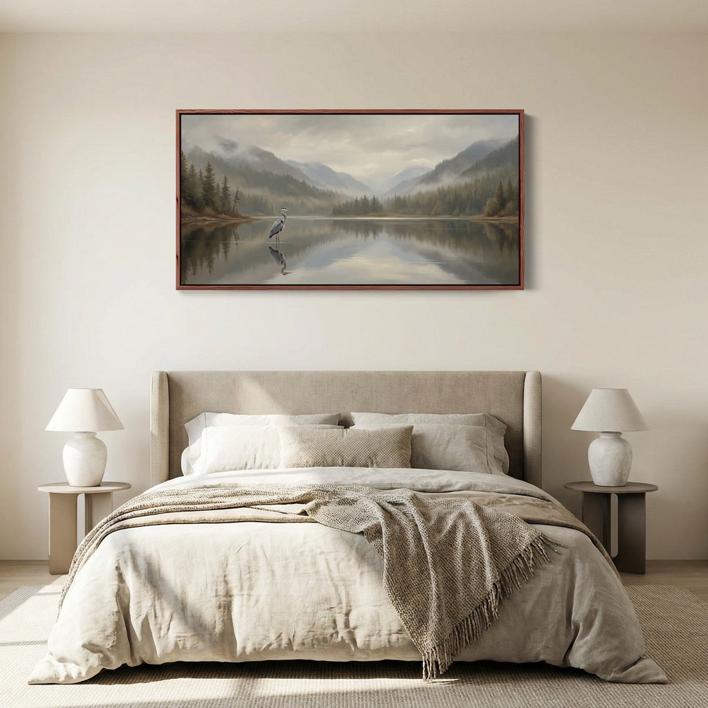 Wide Canvas Heron On Still Lake Panoramic Canvas Print For Living Room