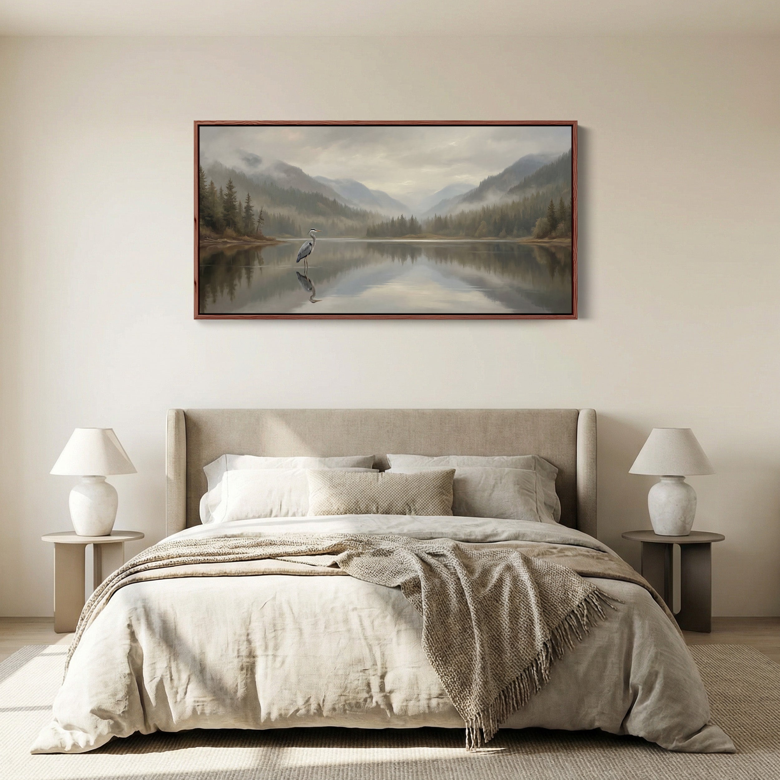 Wide Canvas Heron On Still Lake Panoramic Canvas Print For Living Room