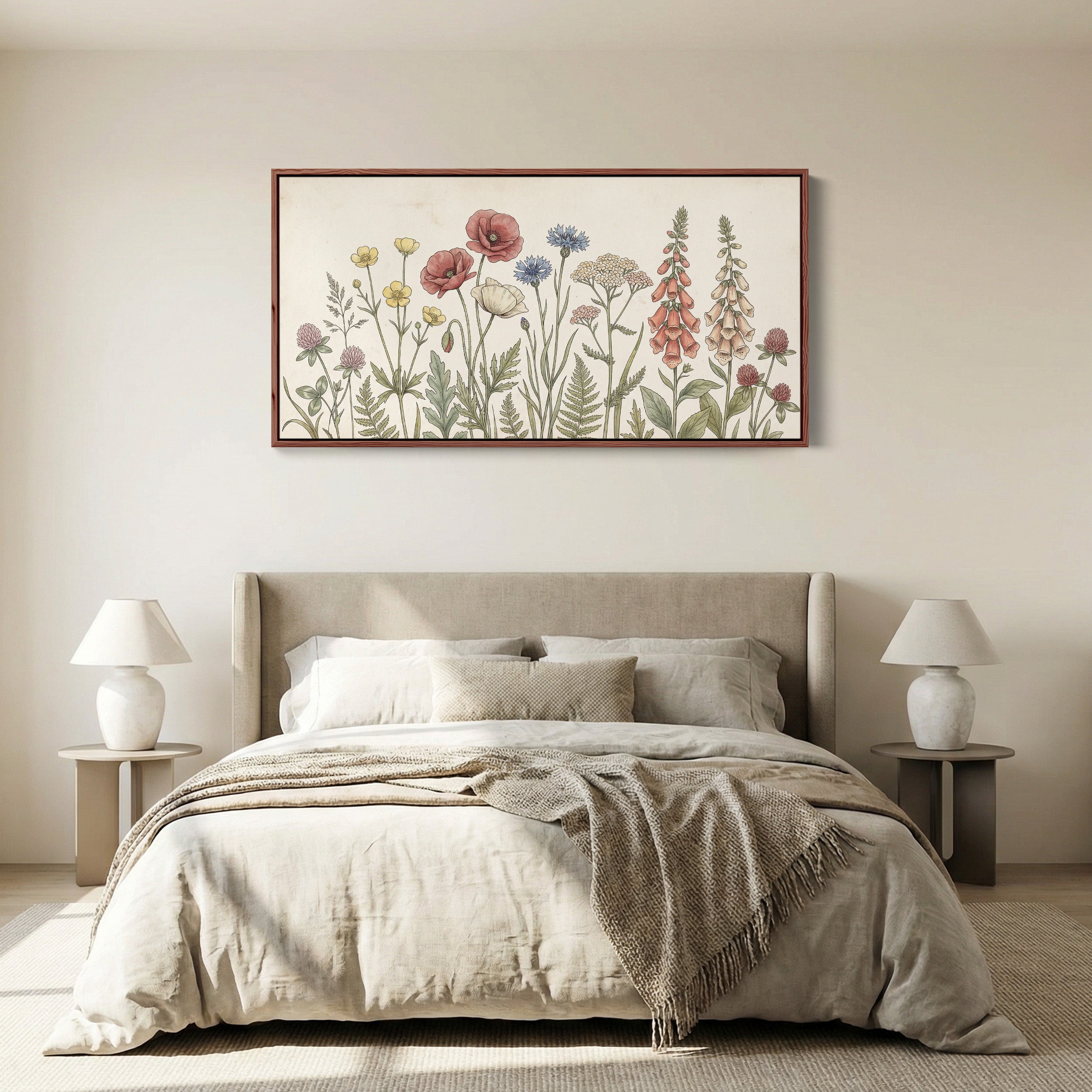 Panoramic Wall Art Vintage Meadow Flowers Illustration Extra Wide Canvas For Bedroom