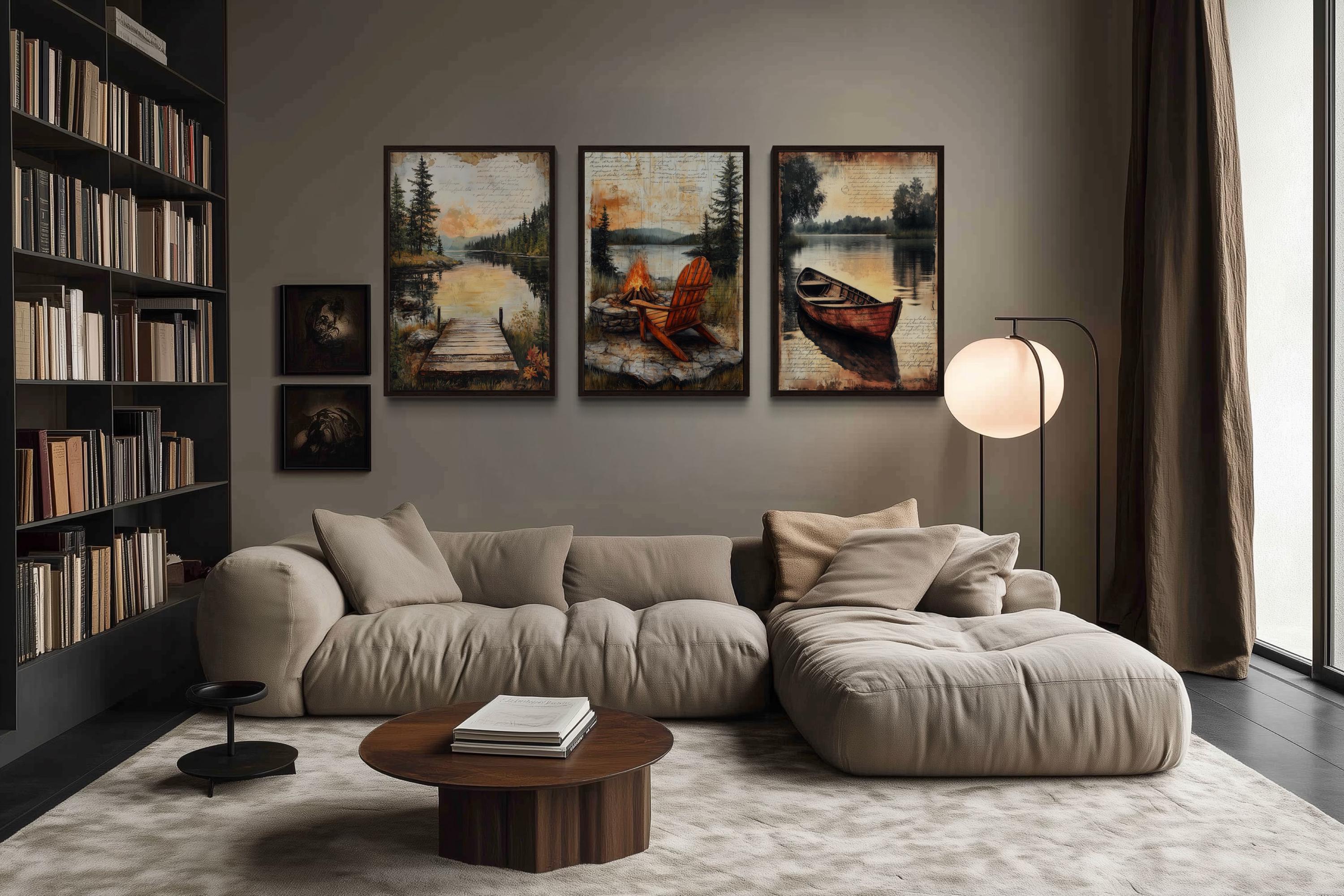 3 Piece Cabin Wall Art - Fishing Dock, Old Canoe, Campfire And Adirondack Chair Canvas Prints