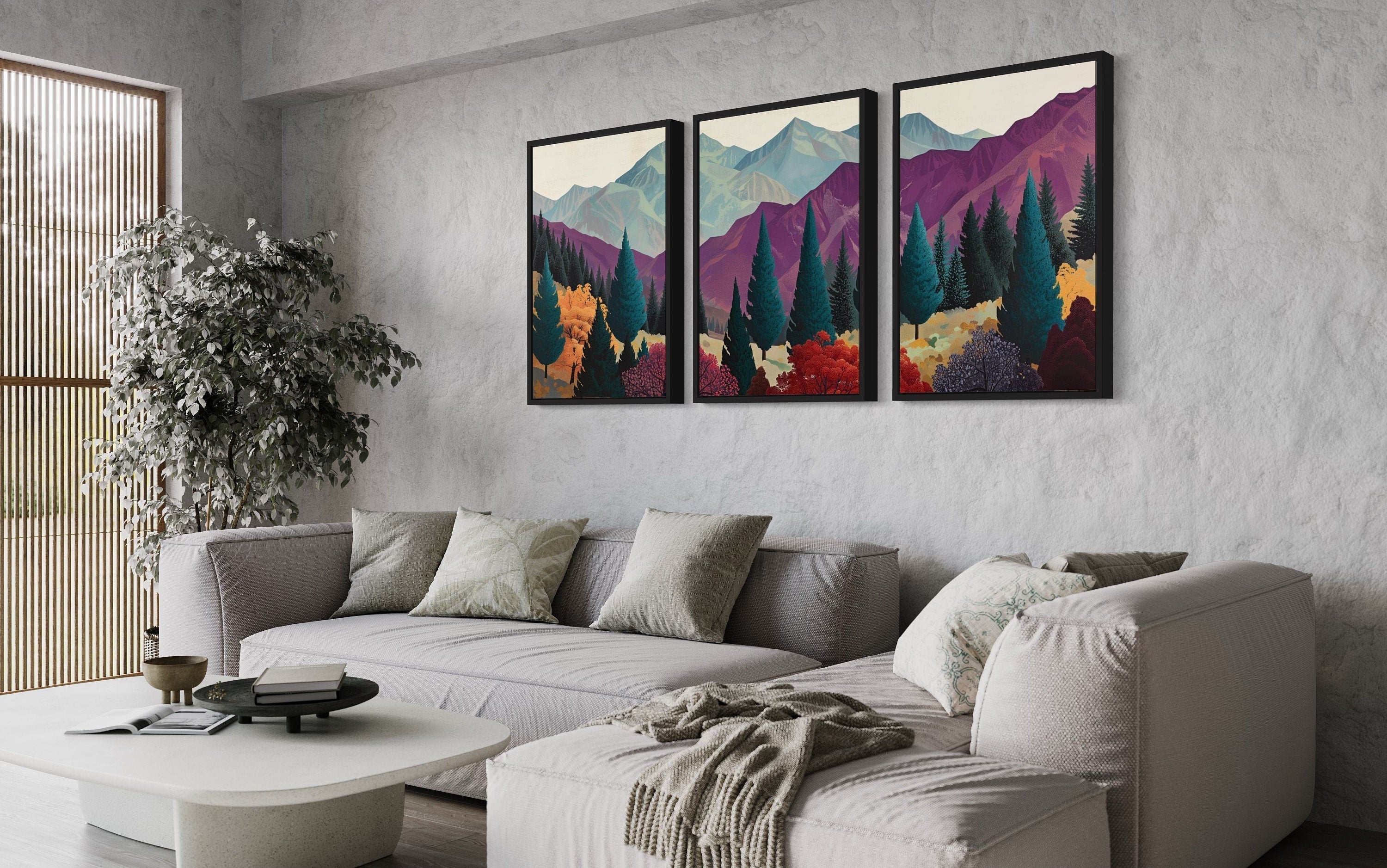 3 Piece  Mid Century Abstract Purple Mountain Landscape Framed Canvas Wall Art