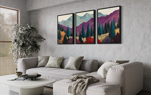 3 Piece  Mid Century Abstract Purple Mountain Landscape Framed Canvas Wall Art
