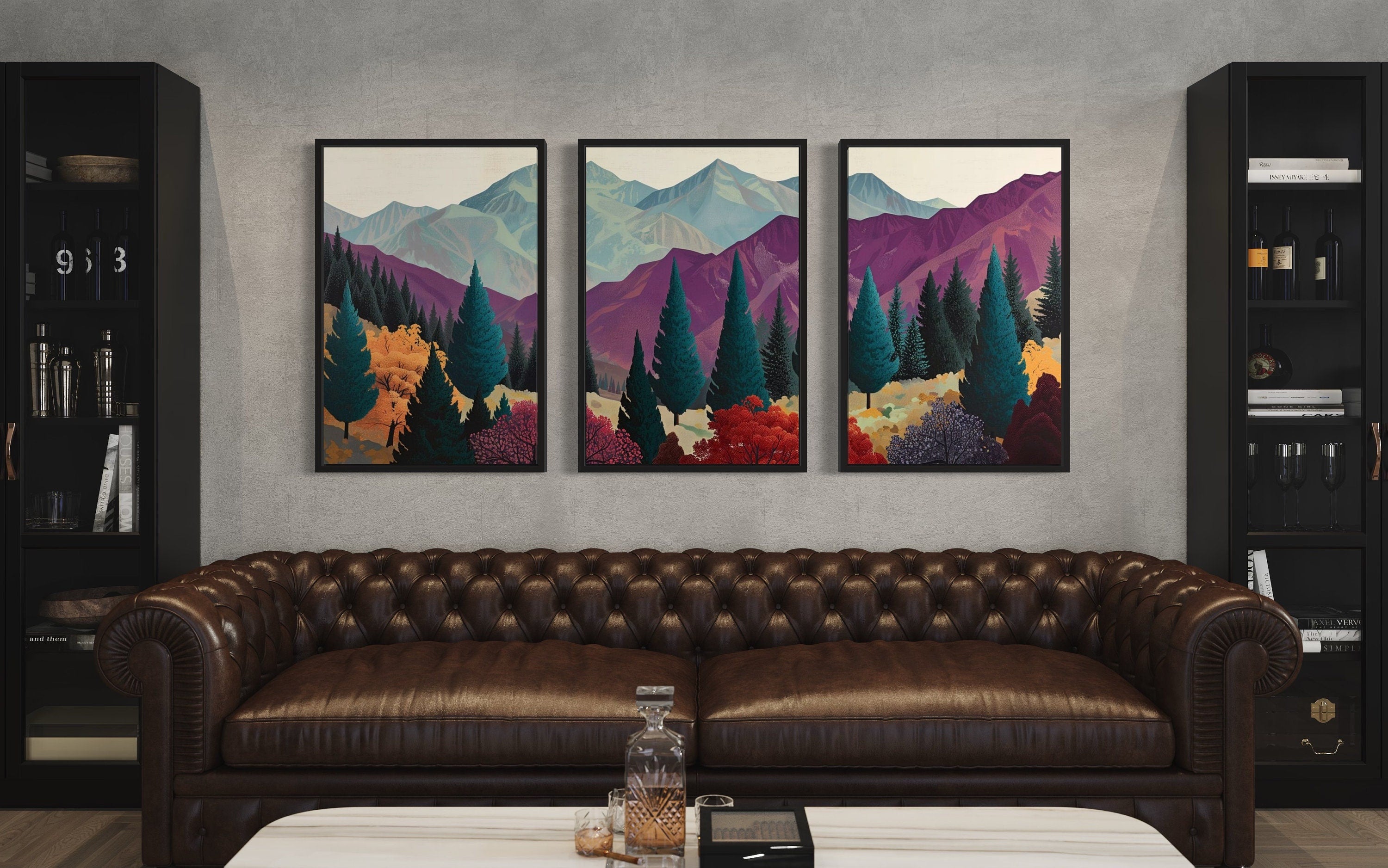 3 Piece  Mid Century Abstract Purple Mountain Landscape Framed Canvas Wall Art