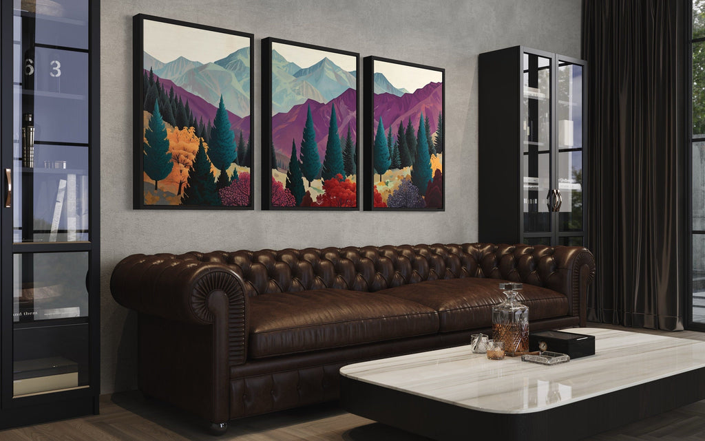 3 Piece  Mid Century Abstract Purple Mountain Landscape Framed Canvas Wall Art