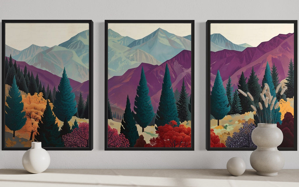3 Piece  Mid Century Abstract Purple Mountain Landscape Framed Canvas Wall Art