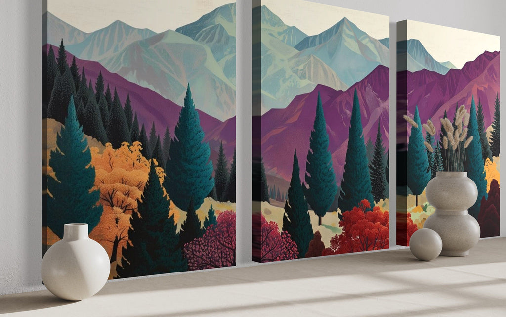3 Piece  Mid Century Abstract Purple Mountain Landscape Framed Canvas Wall Art