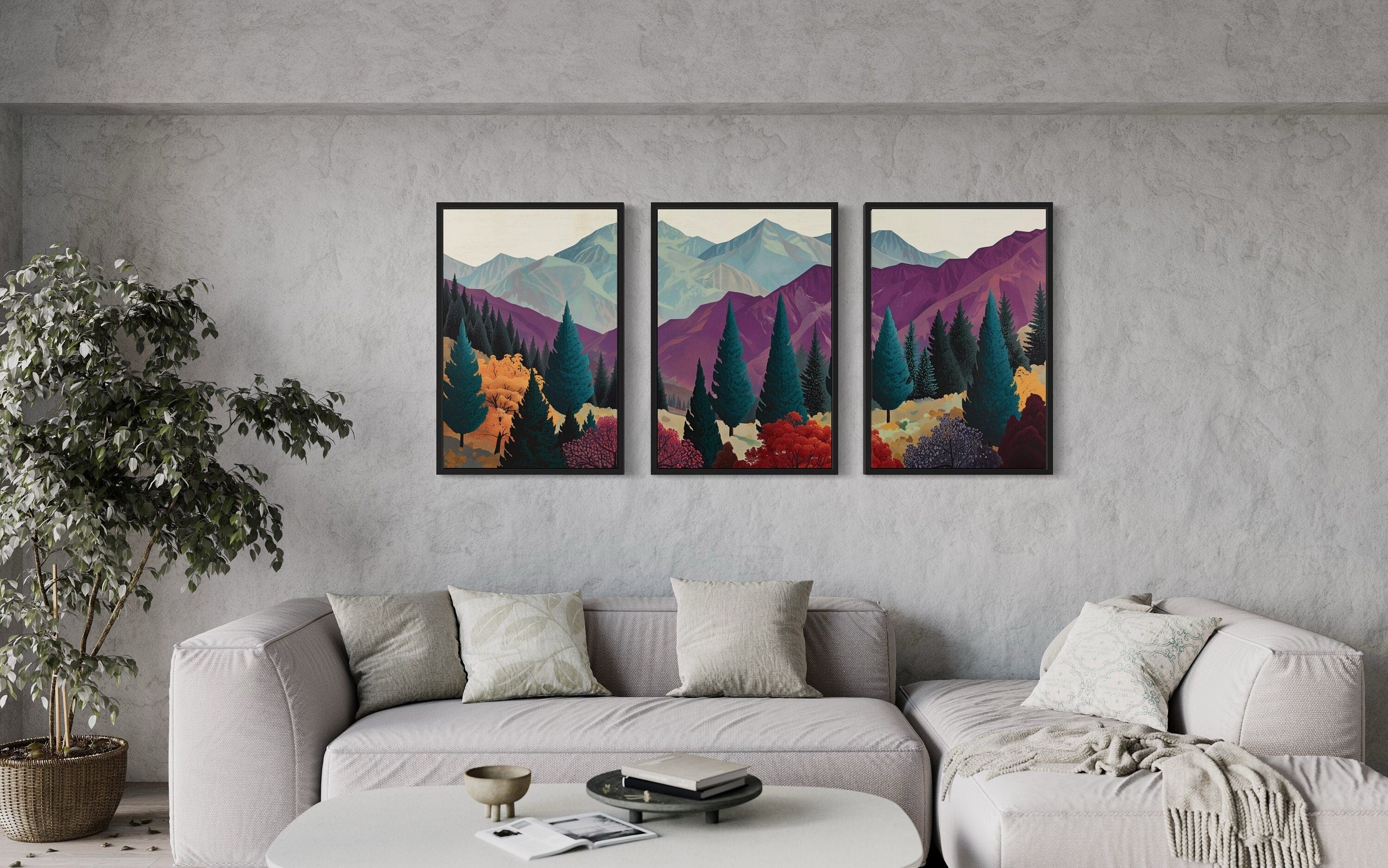 3 Piece  Mid Century Abstract Purple Mountain Landscape Framed Canvas Wall Art