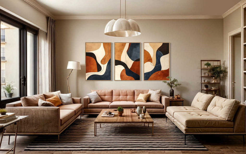 3 Piece Mid Century Modern Abstract Earth Tones Brown Cream Navy Framed Wall Art