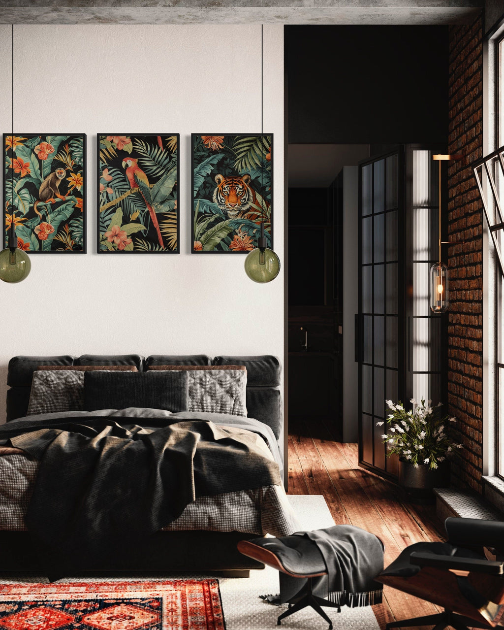 3 Piece  Mid Century Modern Tropical Jungle Animals Tiger, Monkey, Parrot Canvas  Wall Art