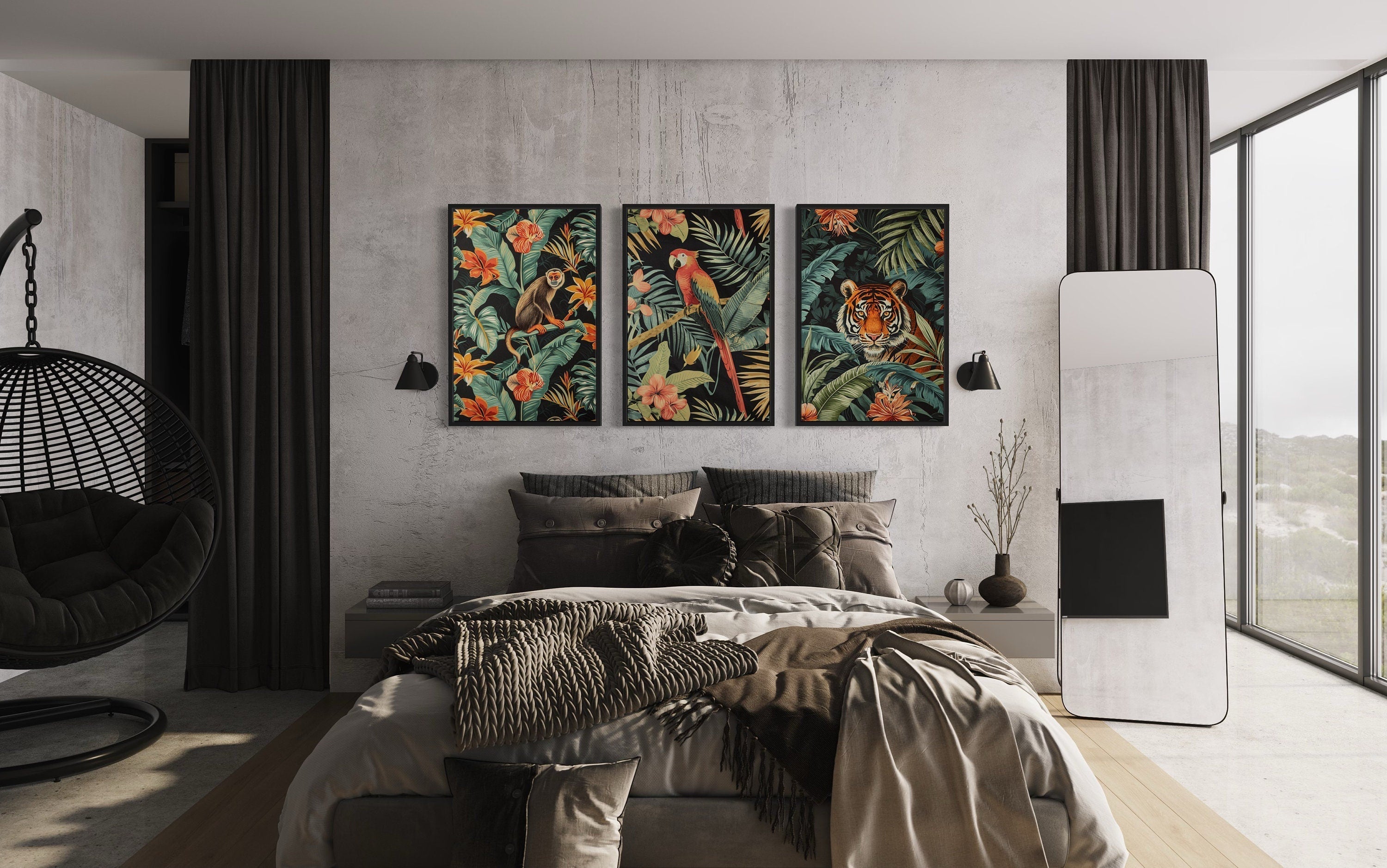 3 Piece  Mid Century Modern Tropical Jungle Animals Tiger, Monkey, Parrot Canvas  Wall Art