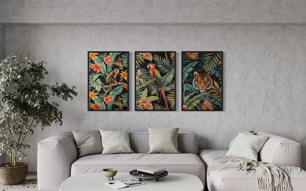 3 Piece  Mid Century Modern Tropical Jungle Animals Tiger, Monkey, Parrot Canvas  Wall Art