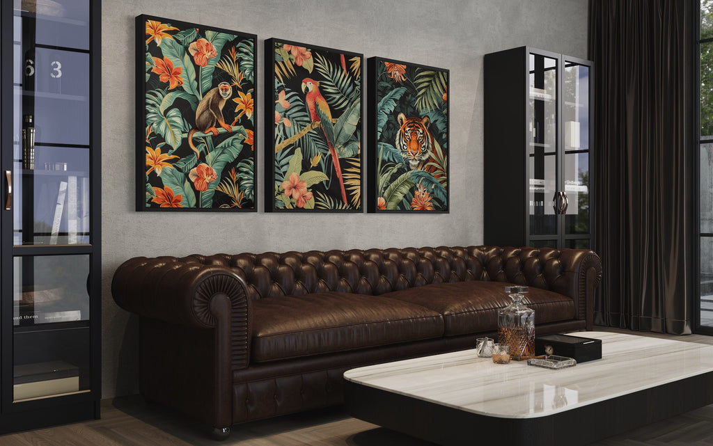 3 Piece  Mid Century Modern Tropical Jungle Animals Tiger, Monkey, Parrot Canvas  Wall Art