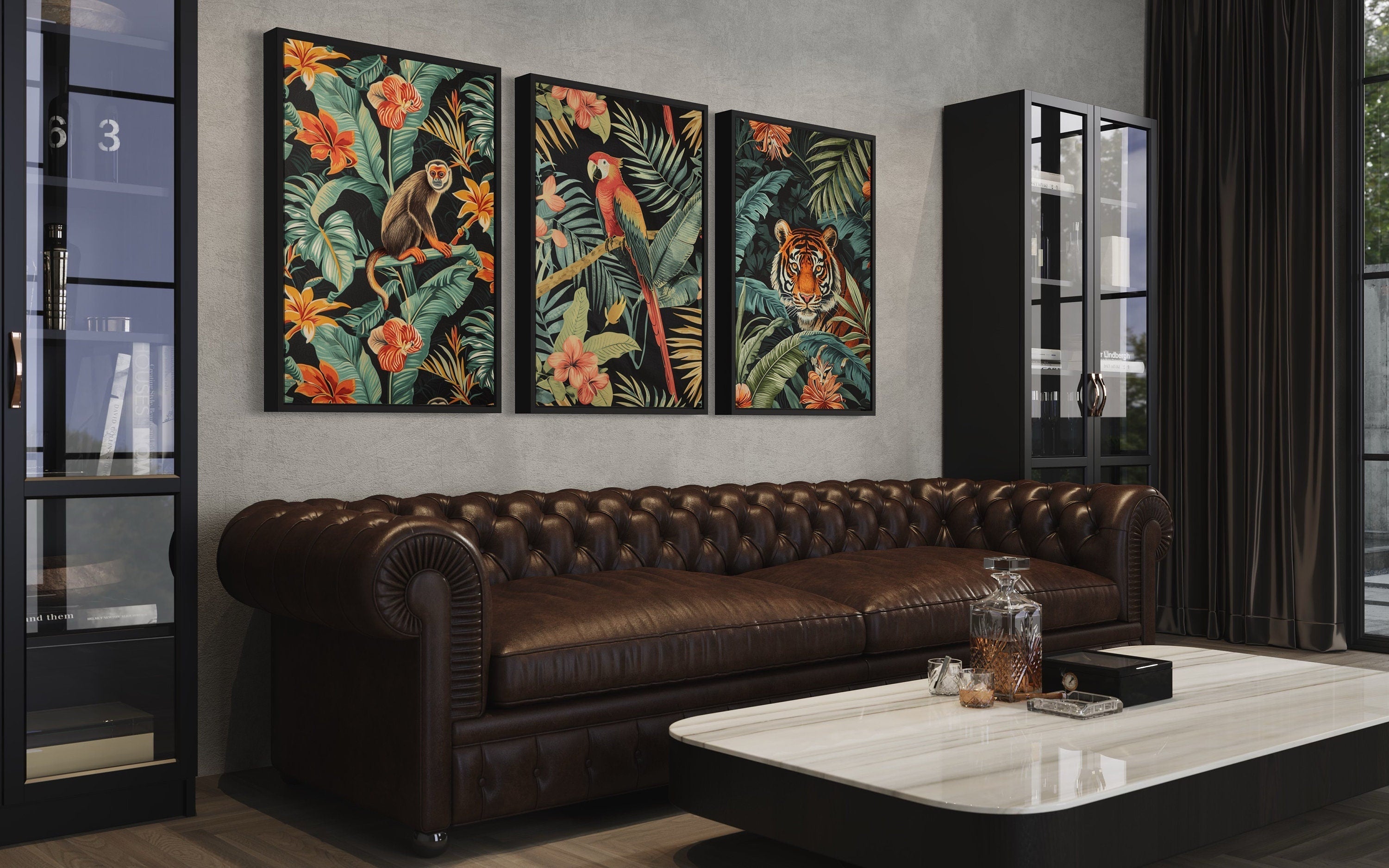 3 Piece  Mid Century Modern Tropical Jungle Animals Tiger, Monkey, Parrot Canvas  Wall Art