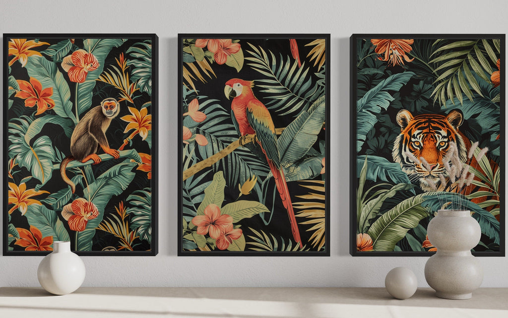 3 Piece  Mid Century Modern Tropical Jungle Animals Tiger, Monkey, Parrot Canvas  Wall Art