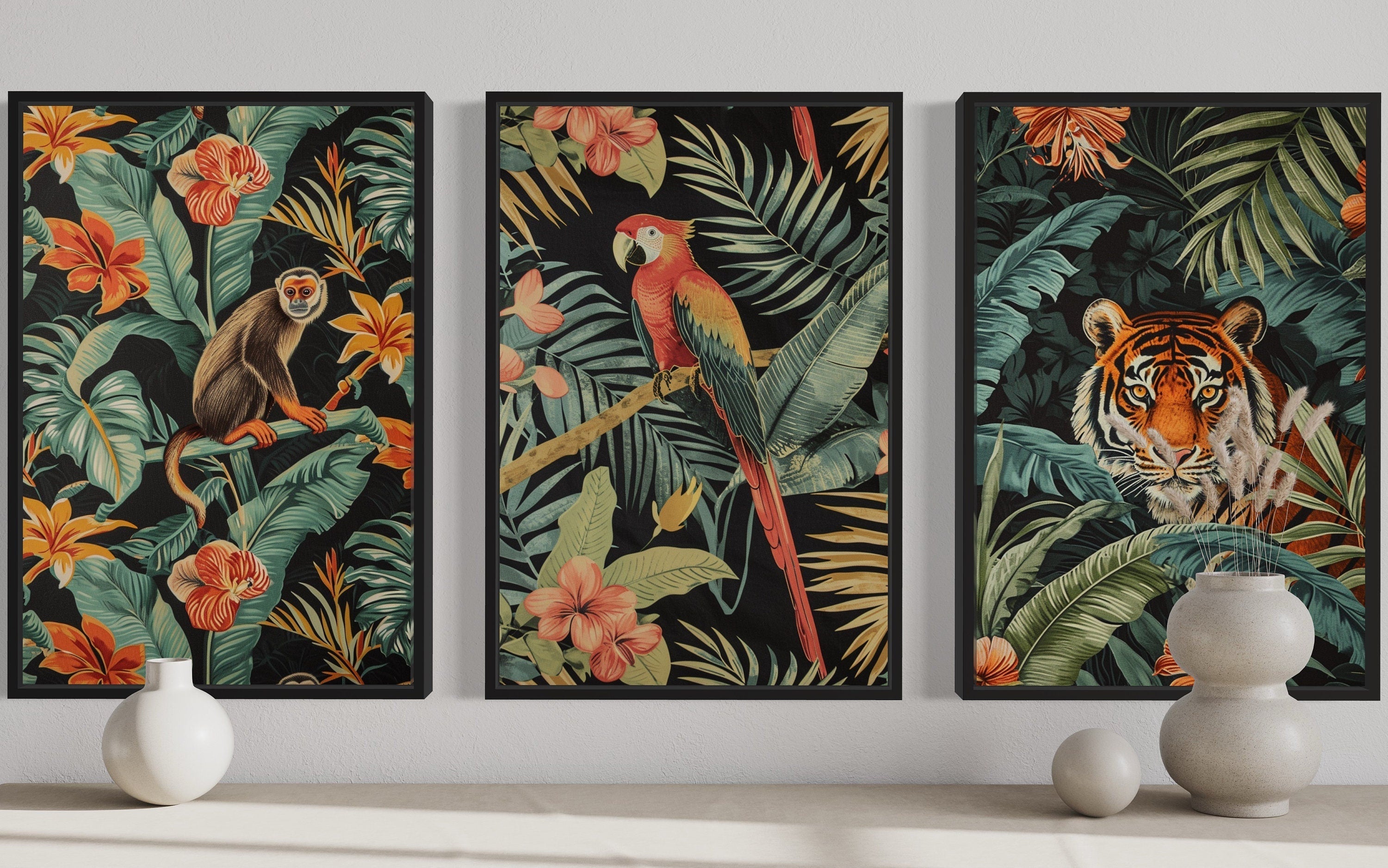 3 Piece  Mid Century Modern Tropical Jungle Animals Tiger, Monkey, Parrot Canvas  Wall Art