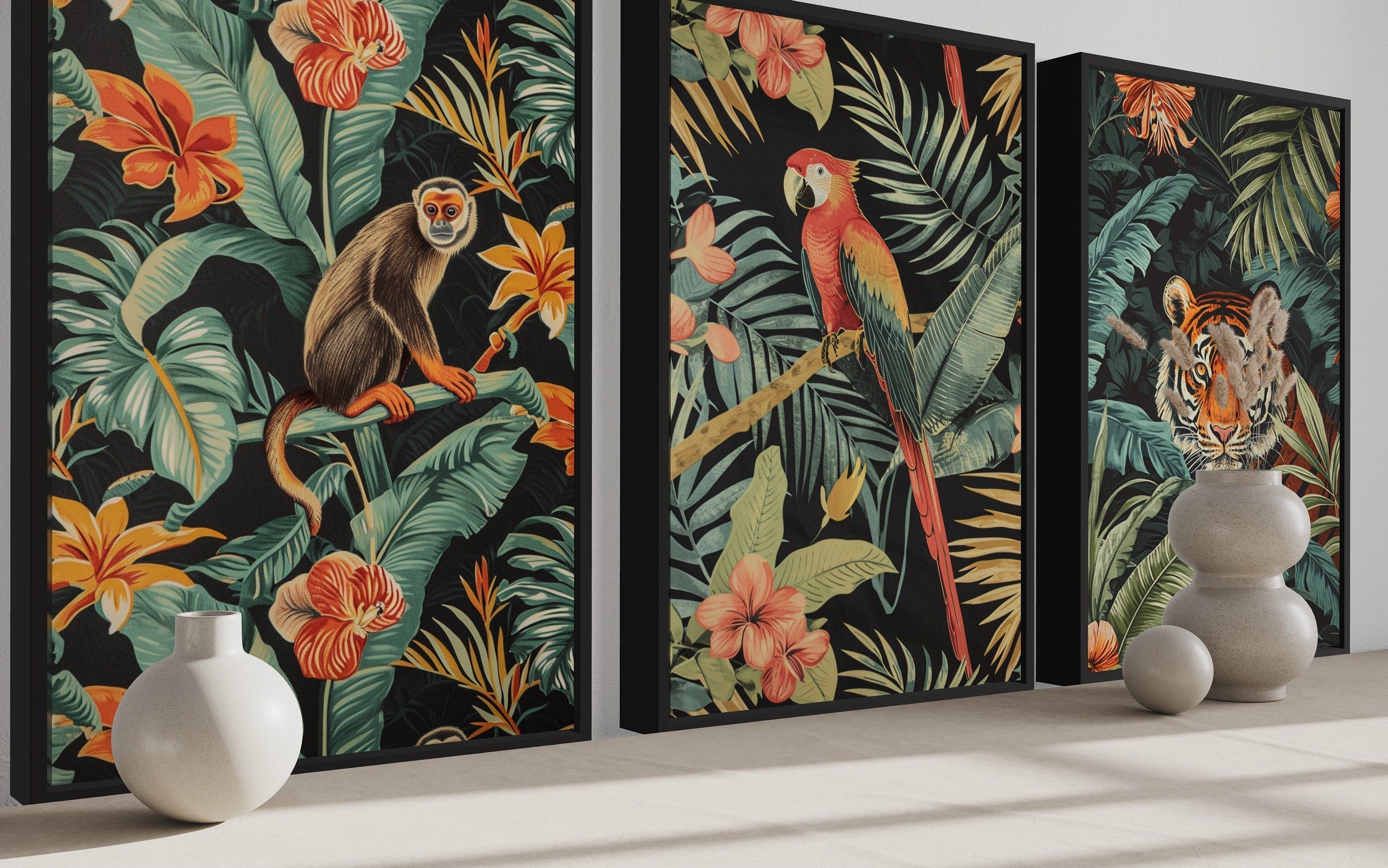 3 Piece  Mid Century Modern Tropical Jungle Animals Tiger, Monkey, Parrot Canvas  Wall Art