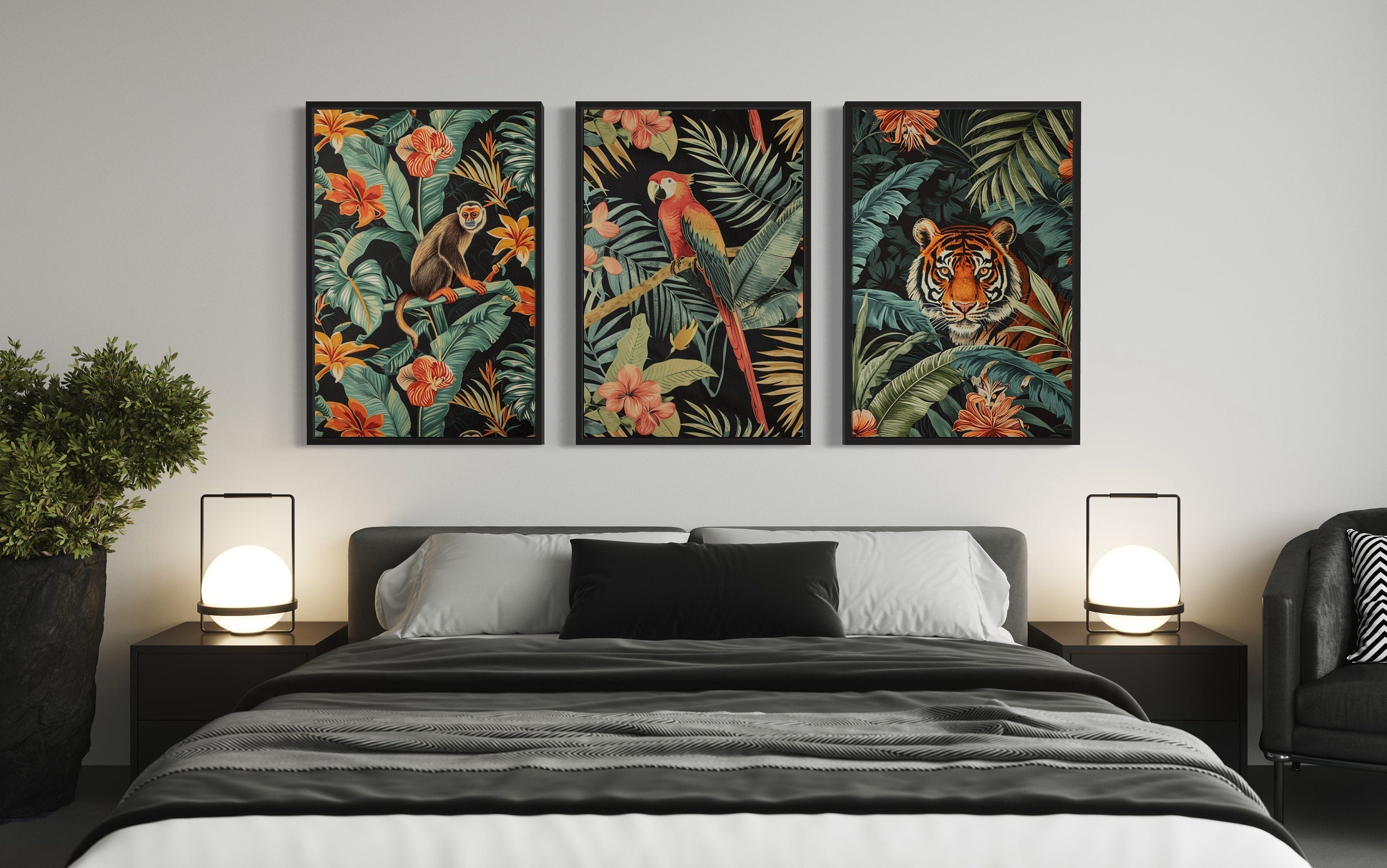 3 Piece  Mid Century Modern Tropical Jungle Animals Tiger, Monkey, Parrot Canvas  Wall Art