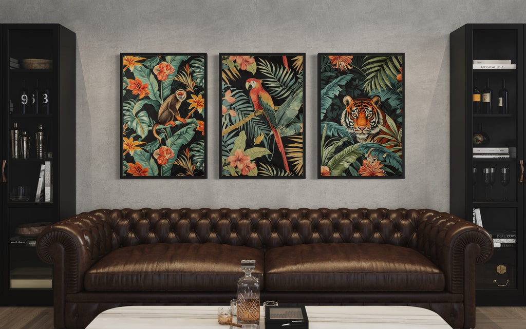 3 Piece  Mid Century Modern Tropical Jungle Animals Tiger, Monkey, Parrot Canvas  Wall Art