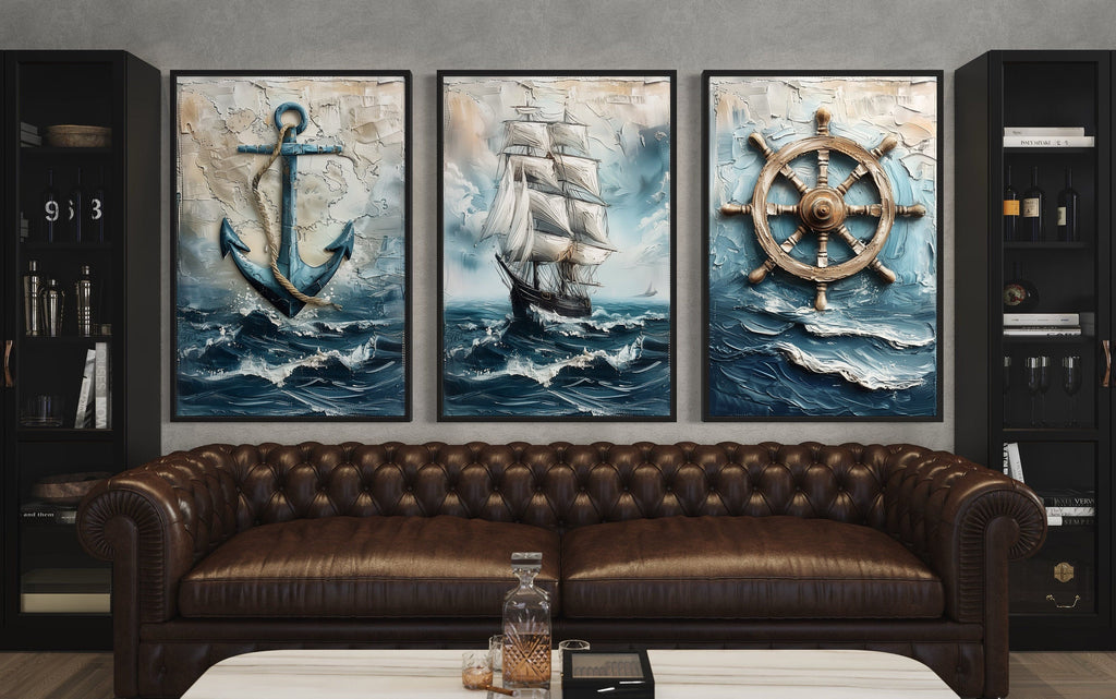 3 Piece Nautical Paintings Of Sail Ship, Helm Wheel and Anchor Wall Art
