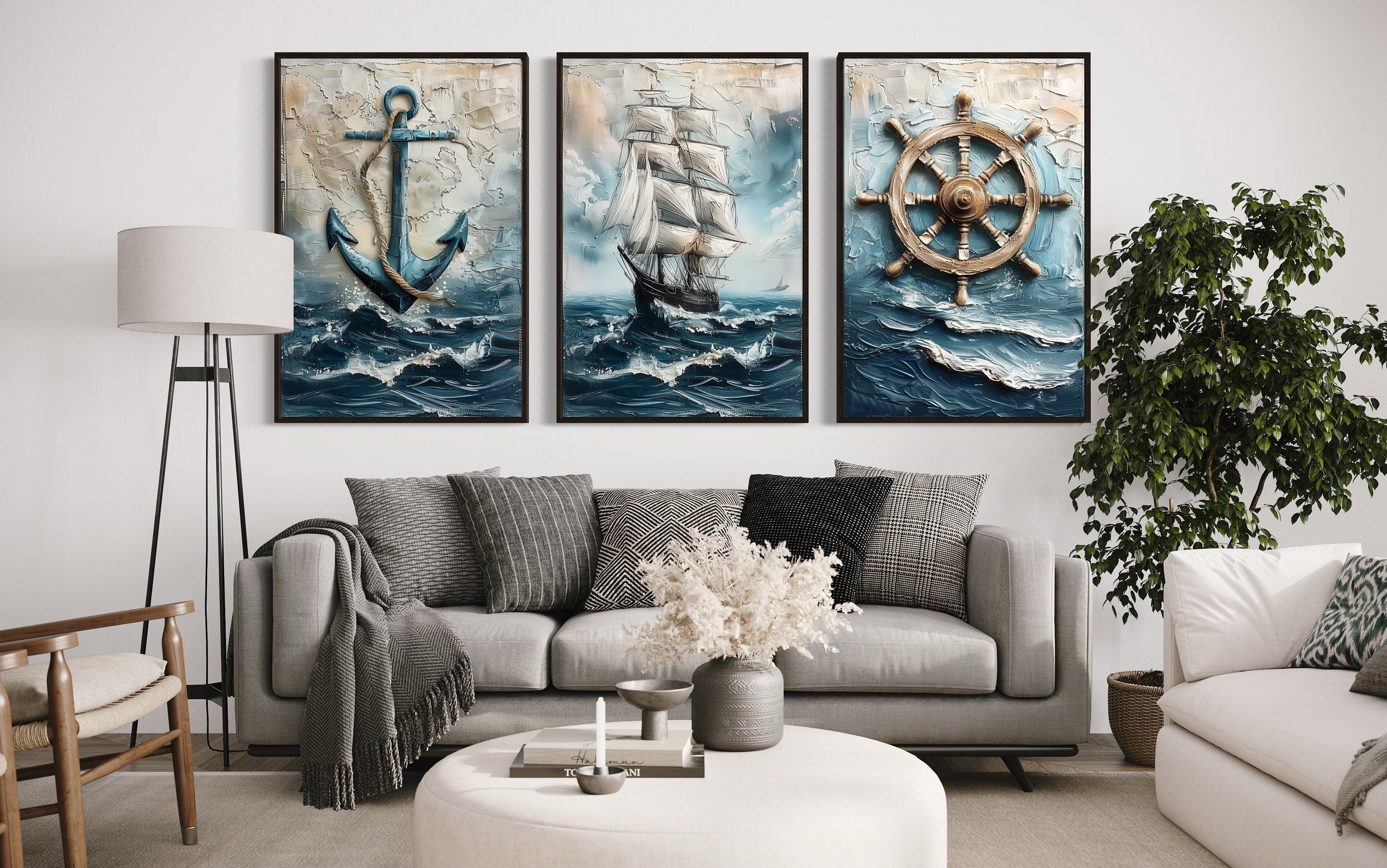3 Piece Nautical Paintings Of Sail Ship, Helm Wheel and Anchor Wall Art