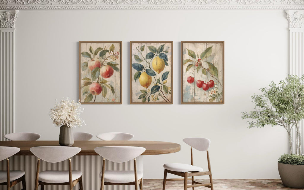 3 Piece Rustic Fruit Wall Art Prints - Apple, Lemon, Cherry For Kitchen or Dining Room Decor