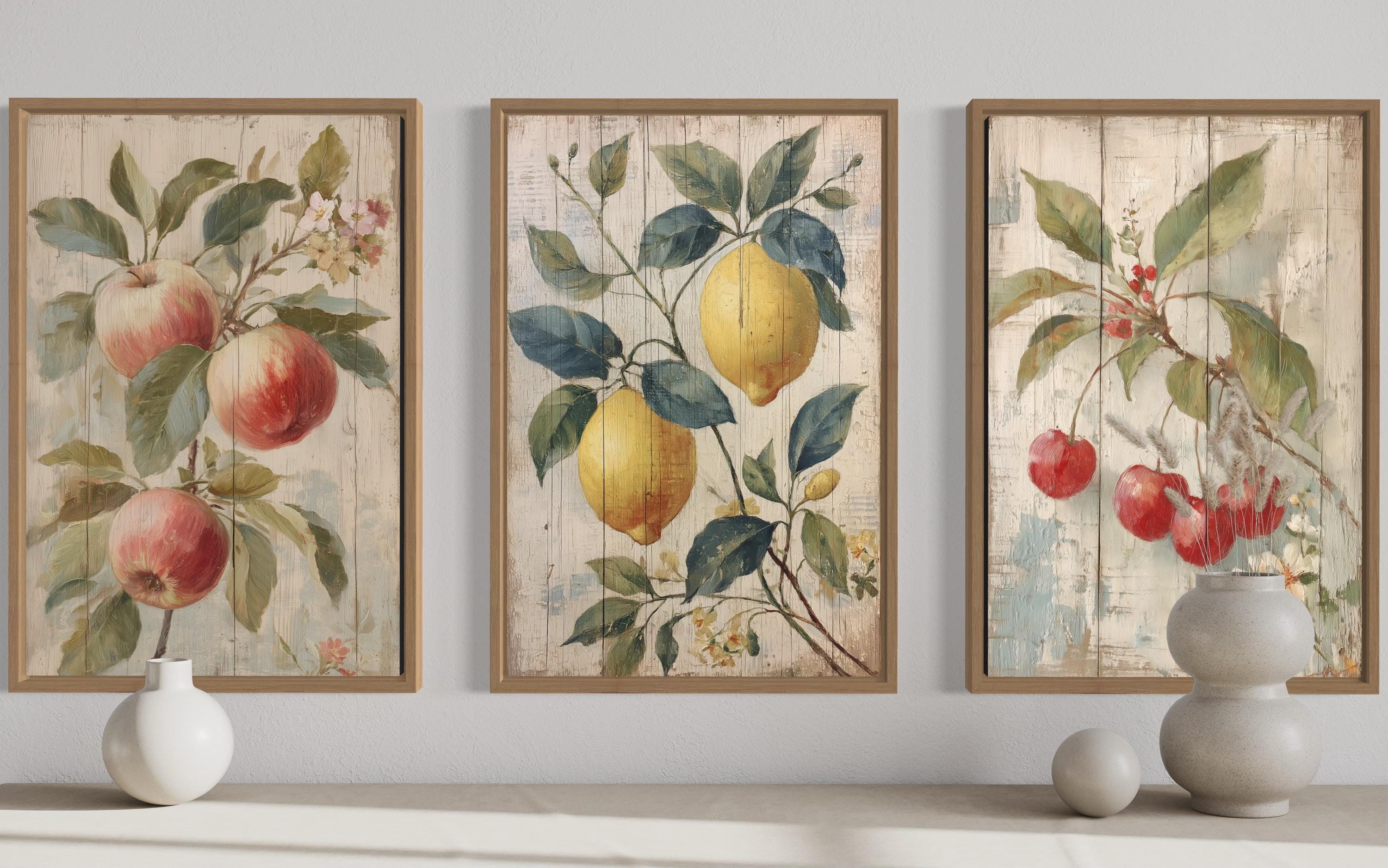 3 Piece Rustic Fruit Wall Art Prints - Apple, Lemon, Cherry For Kitchen or Dining Room Decor