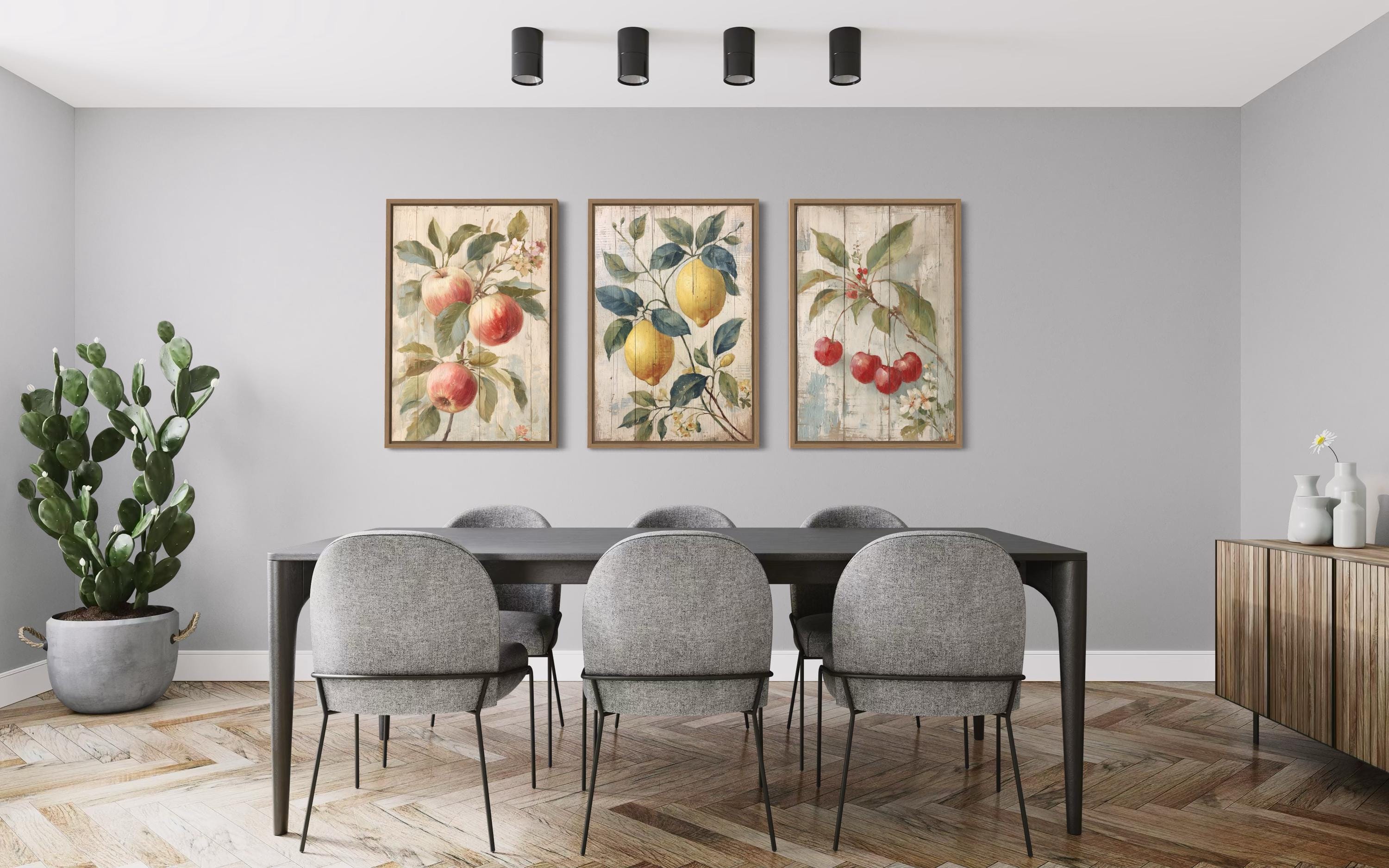 3 Piece Rustic Fruit Wall Art Prints - Apple, Lemon, Cherry For Kitchen or Dining Room Decor
