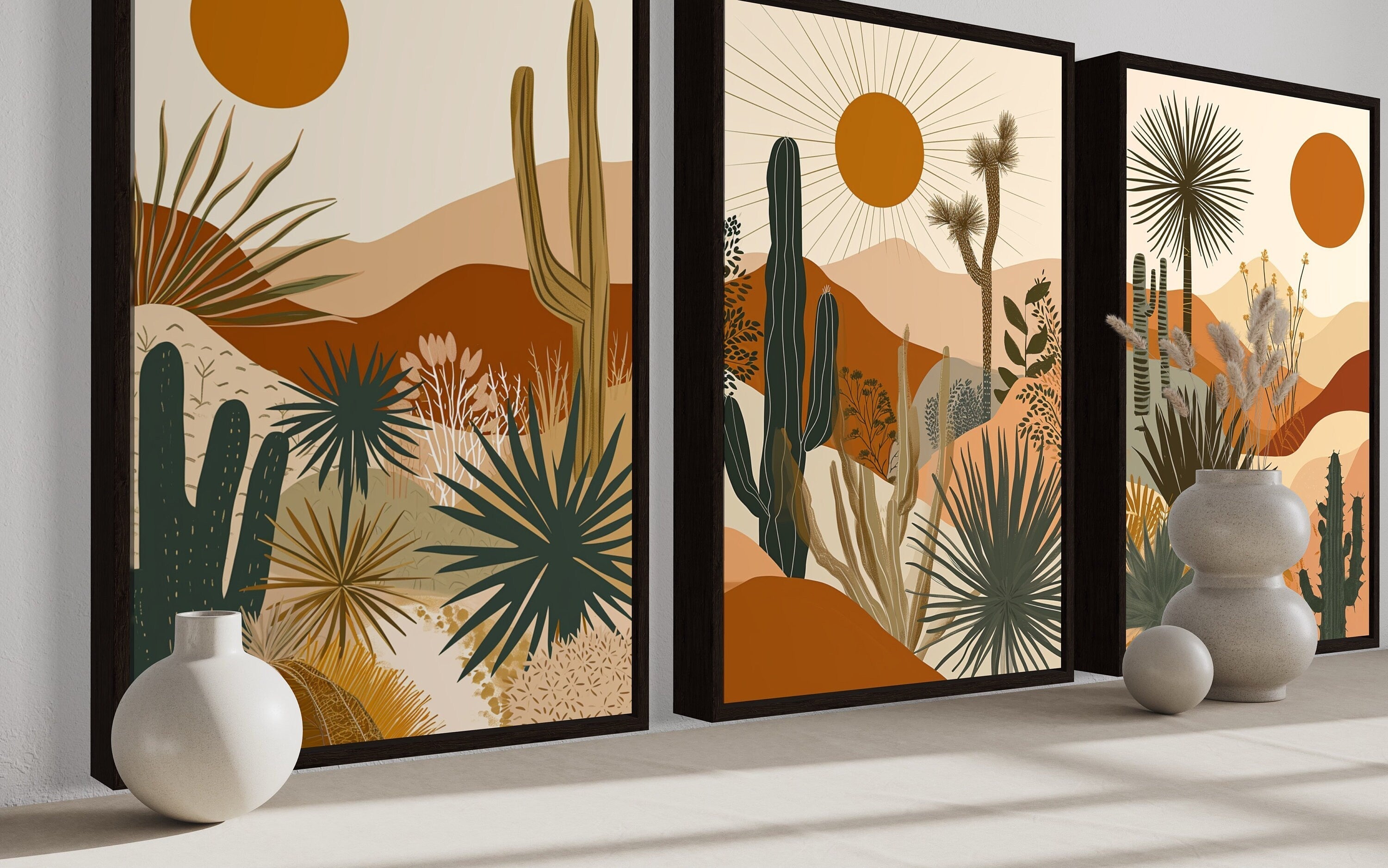 3 Piece Set Mid Century Modern Desert Cactus Sun Framed Canvas Wall Art