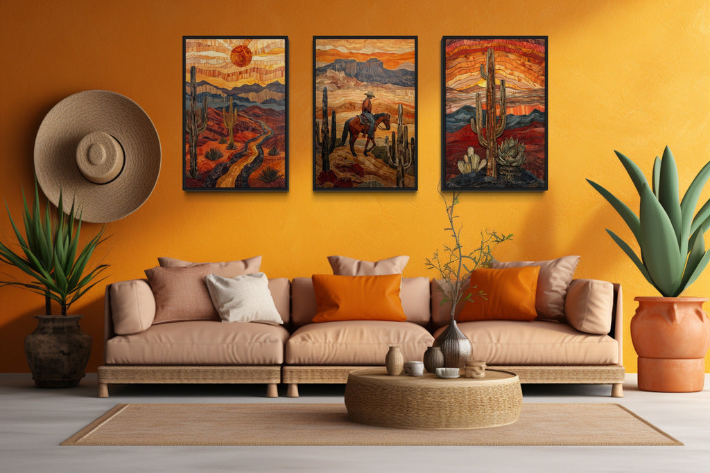 3 Piece Southwestern Canvas Wall Art With Cowboy, Saguaro Cactus and Arizona Desert