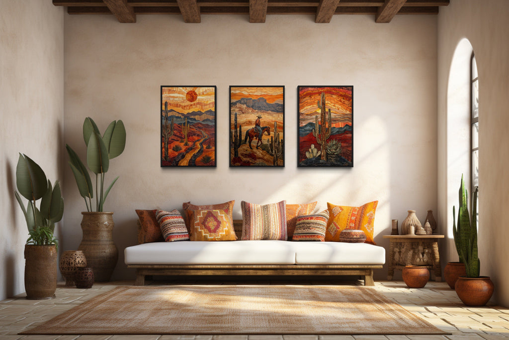 3 Piece Southwestern Canvas Wall Art With Cowboy, Saguaro Cactus and Arizona Desert