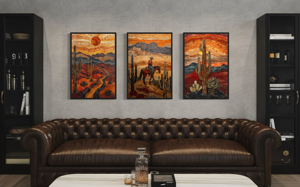 3 Piece Southwestern Canvas Wall Art With Cowboy, Saguaro Cactus and Arizona Desert