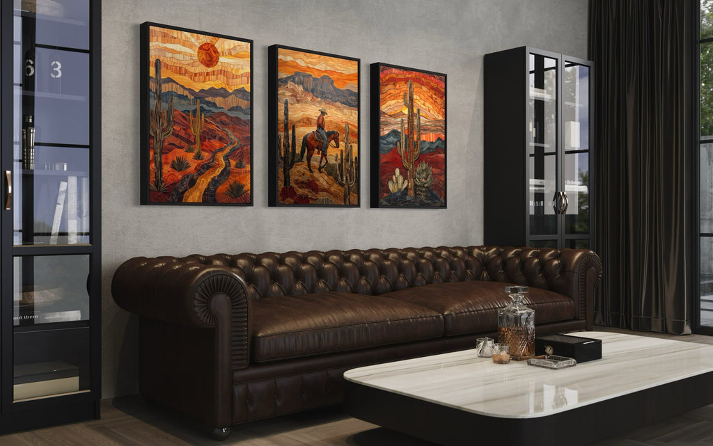 3 Piece Southwestern Canvas Wall Art With Cowboy, Saguaro Cactus and Arizona Desert
