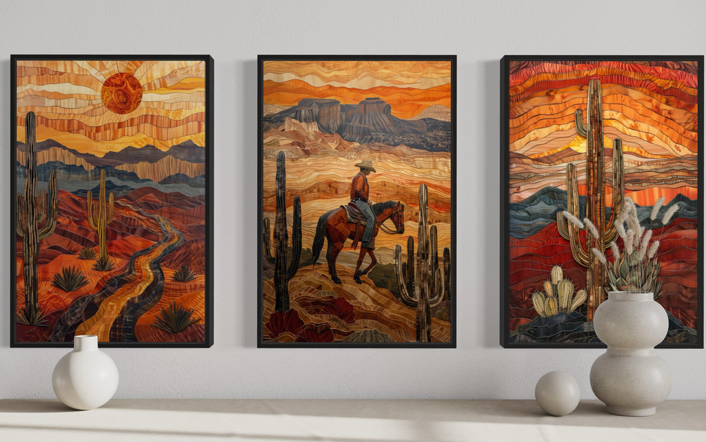3 Piece Southwestern Canvas Wall Art With Cowboy, Saguaro Cactus and Arizona Desert