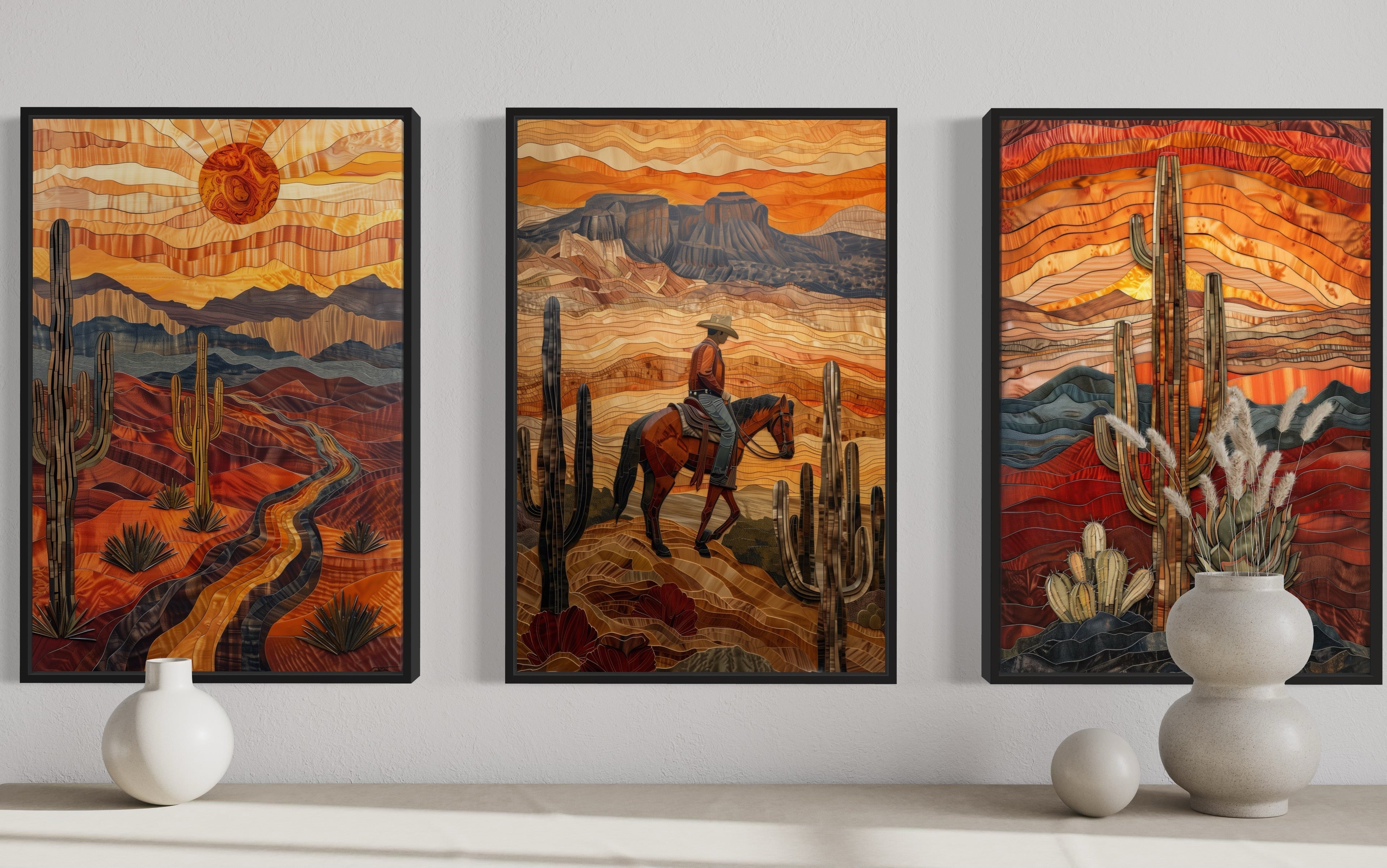 3 Piece Southwestern Canvas Wall Art With Cowboy, Saguaro Cactus and Arizona Desert