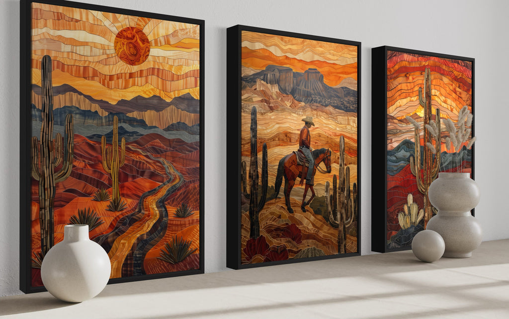 3 Piece Southwestern Canvas Wall Art With Cowboy, Saguaro Cactus and Arizona Desert