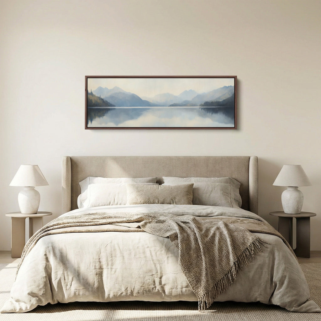 Horizontal Wall Art Misty Mountain Lake Long Canvas For Bedroom