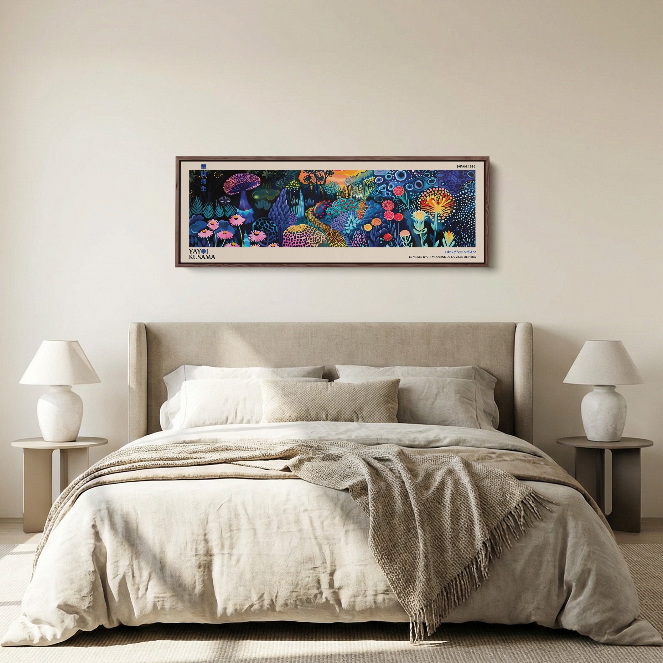 Yayoi Kusama Horizontal Wall Art Dotted Floral Landscape Long Canvas For Living Room