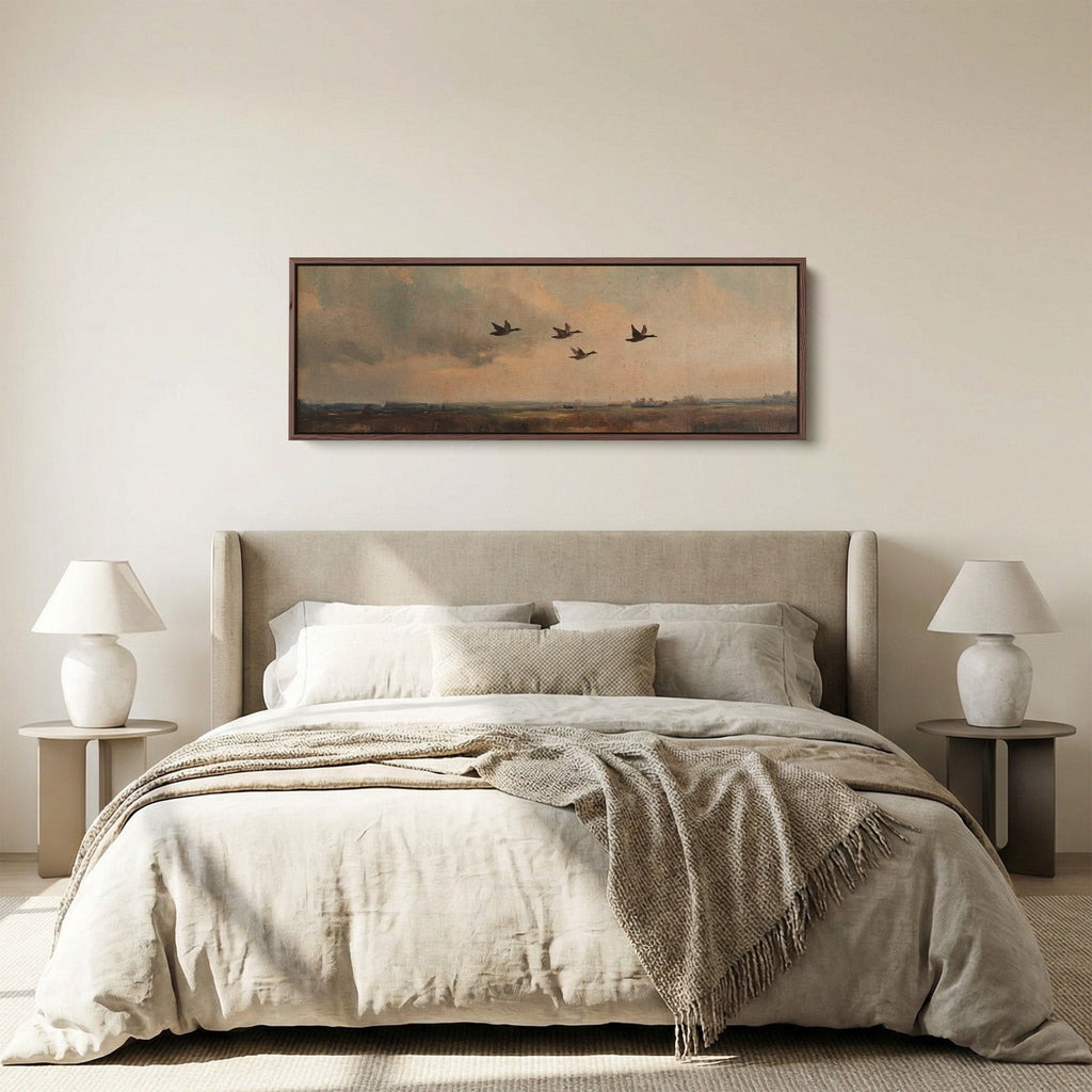Wide Wall Art Flying Ducks Over Marsh Long Canvas For Hallway