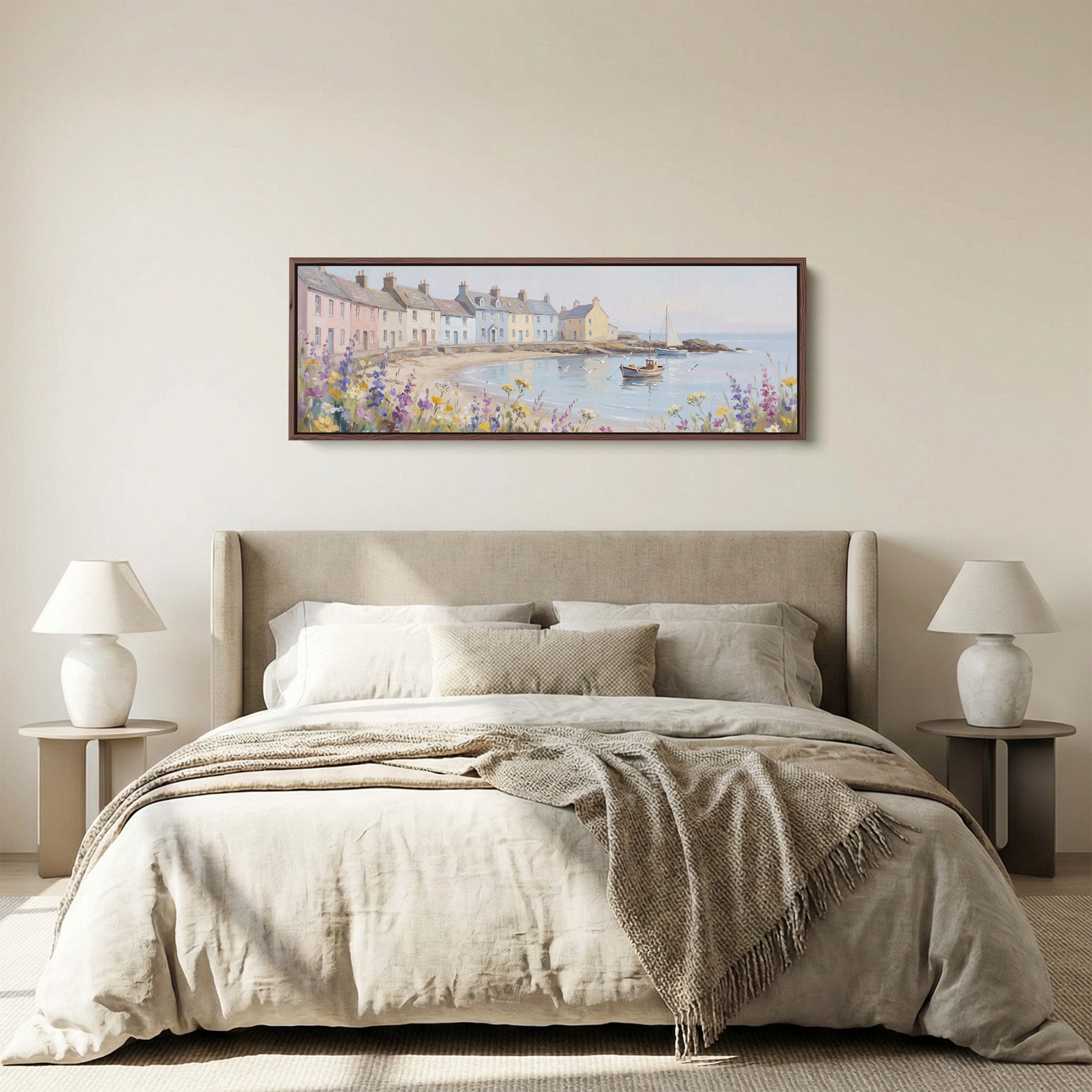Panoramic Wall Art Pastel Seaside Cottages Long Canvas For Living Room