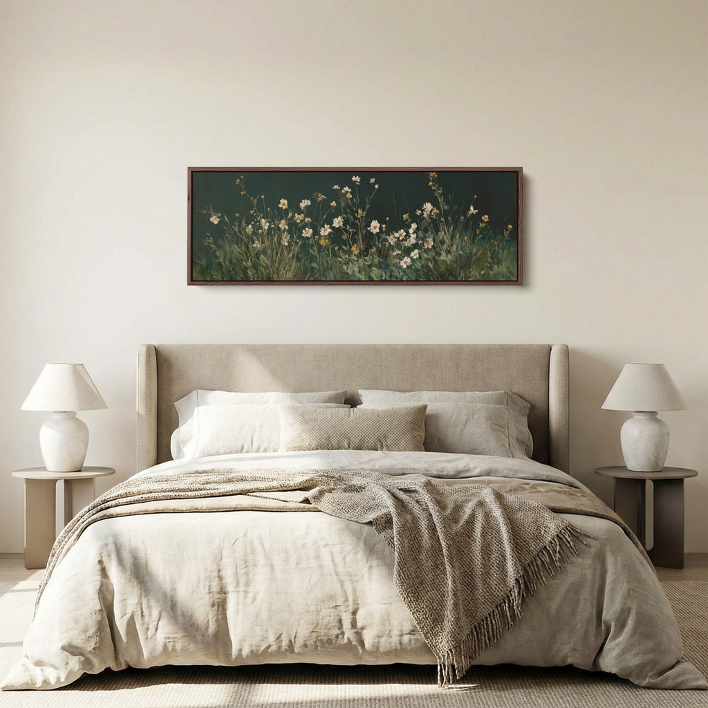 Long Framed Canvas White Wildflowers Long Canvas For Living Room