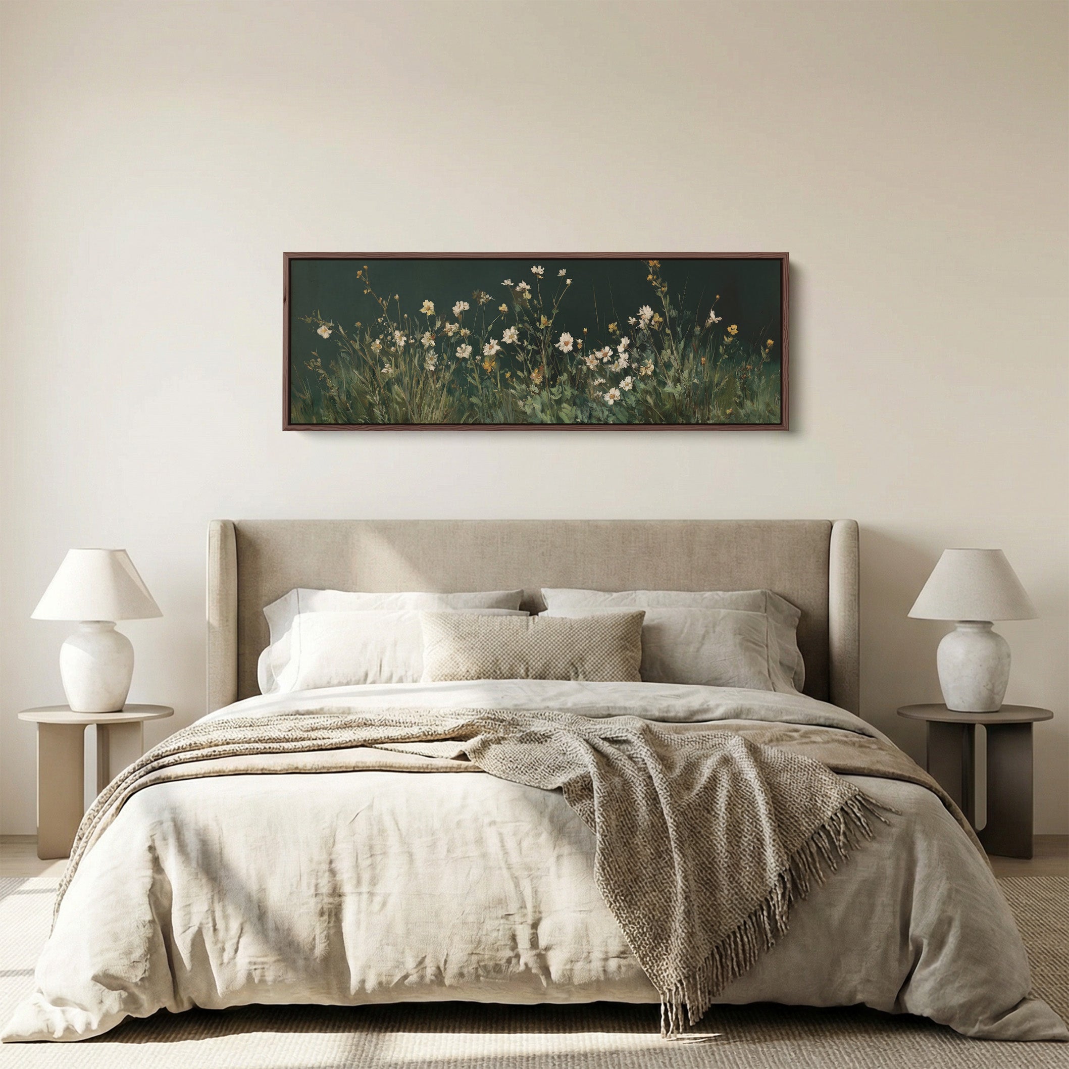 Long Framed Canvas White Wildflowers Long Canvas For Living Room