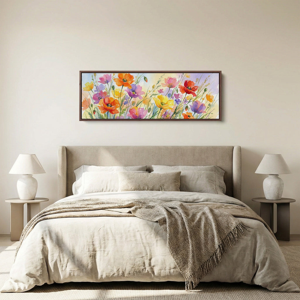 Horizontal Wall Art Watercolor Poppy Field Long Canvas For Living Room