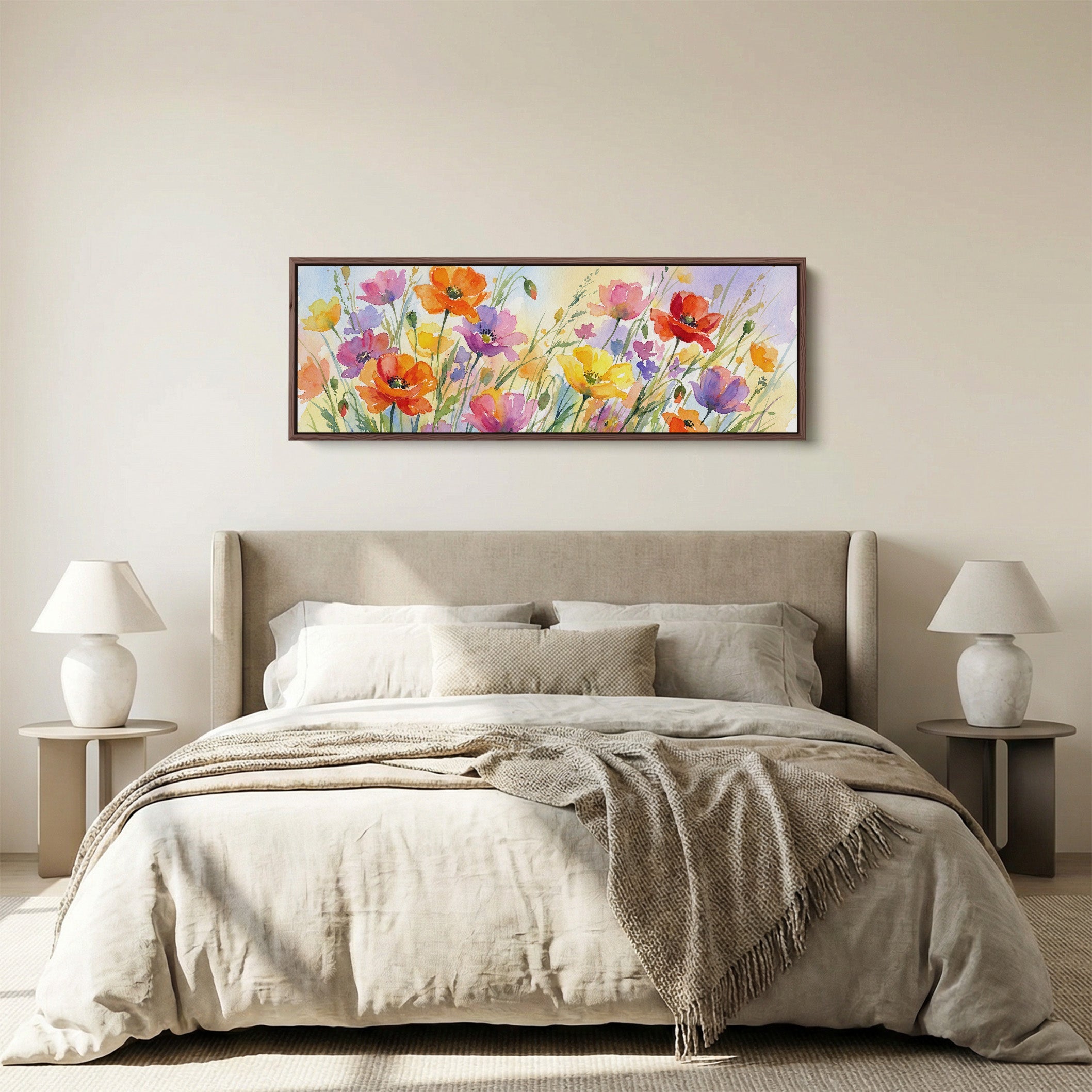 Horizontal Wall Art Watercolor Poppy Field Long Canvas For Living Room