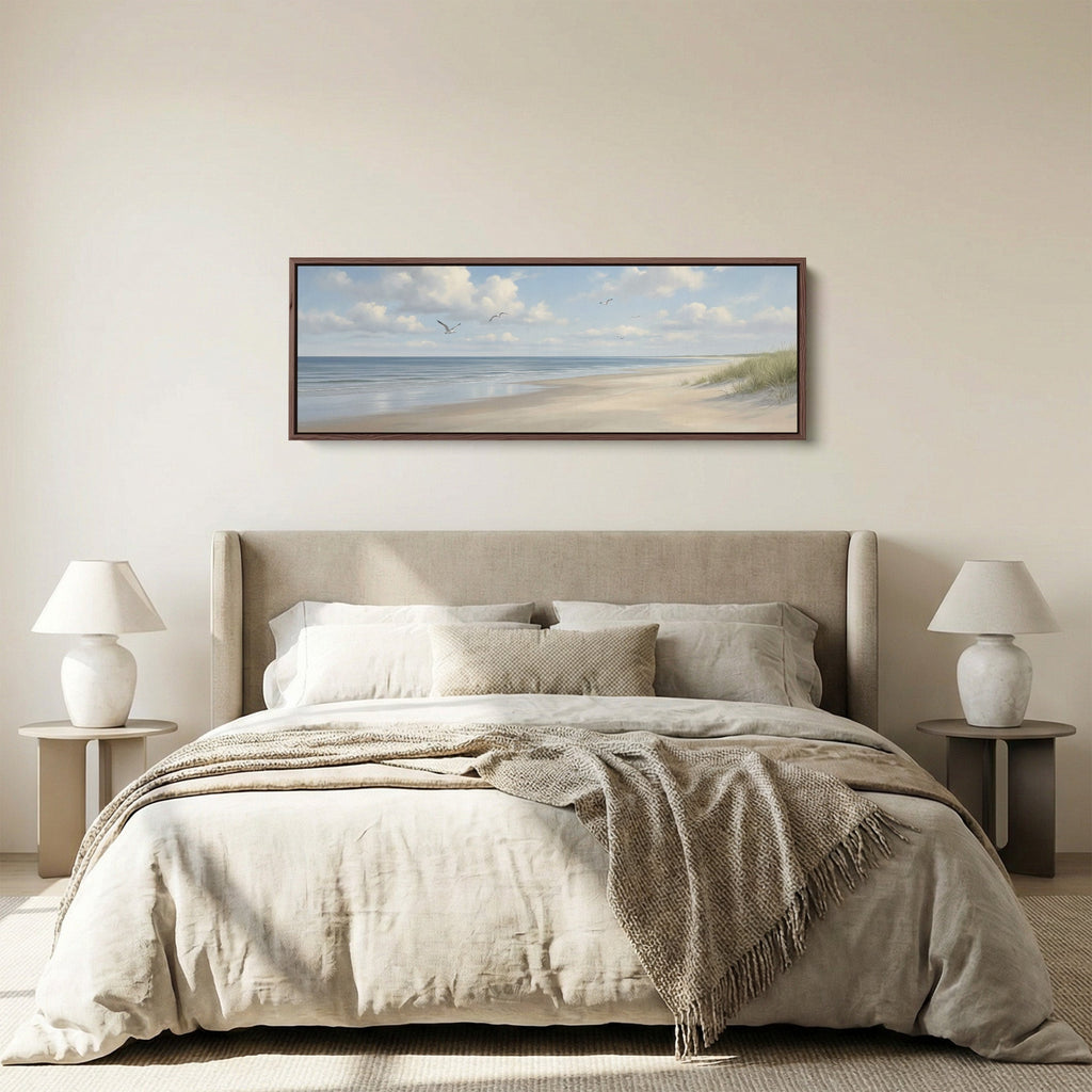 Horizontal Wall Art Calm Beach With Seagulls Panoramic Canvas Print Bedroom