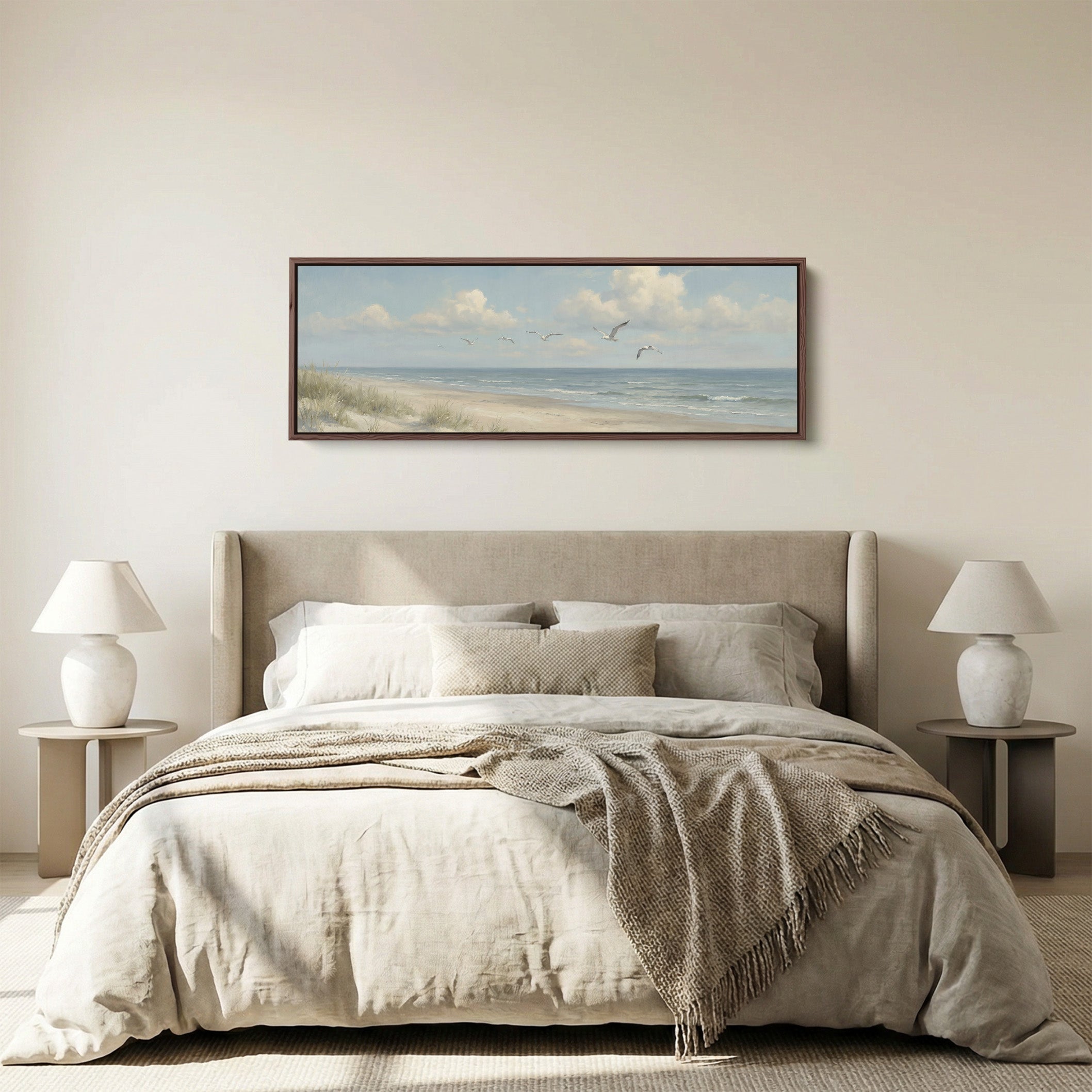 Above Bed Wall Art Coastal Dunes And Seagulls Extra Wide Canvas Living Room