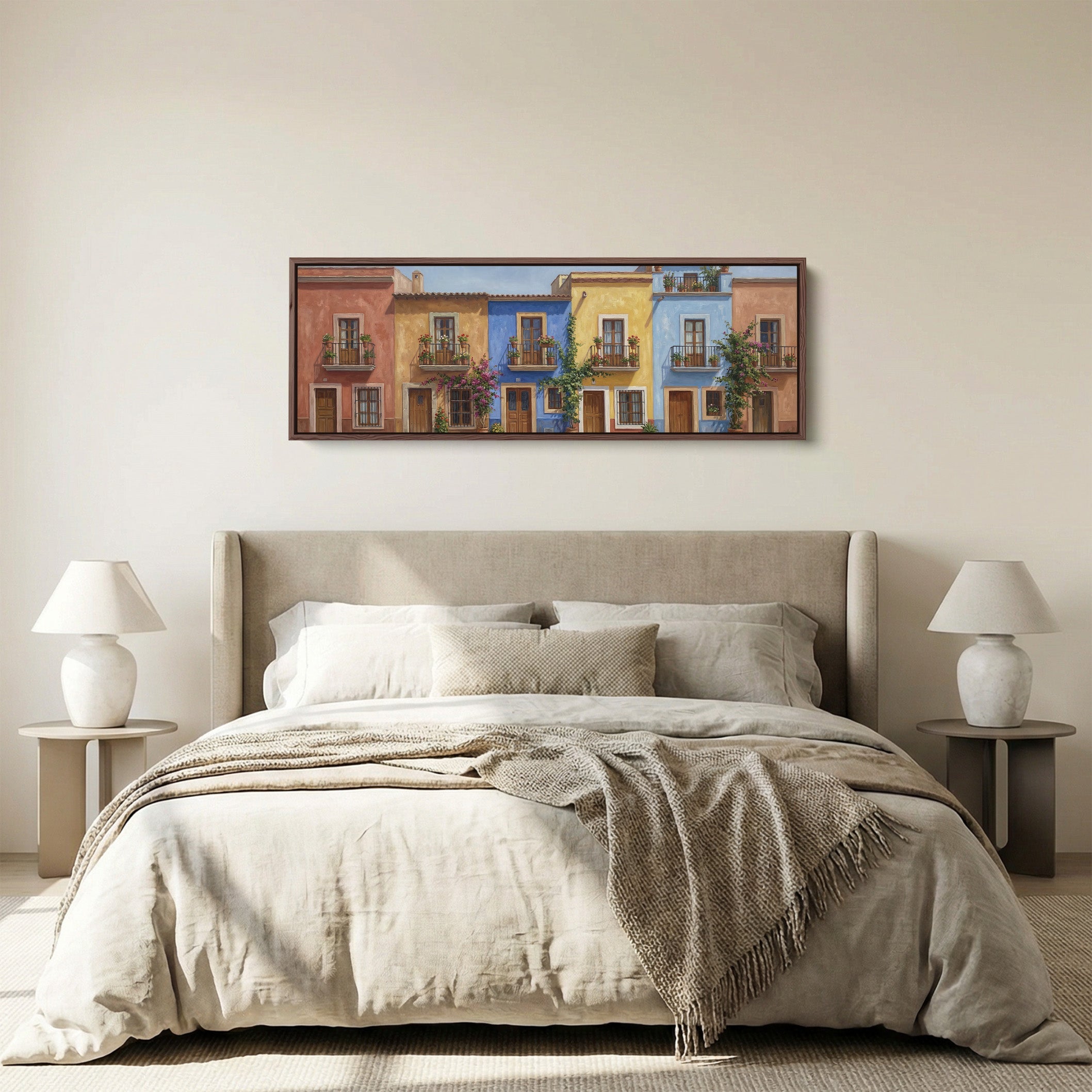 Colourful Mediterranean Houses Wide Framed Canvas Extra Wide Canvas Kitchen